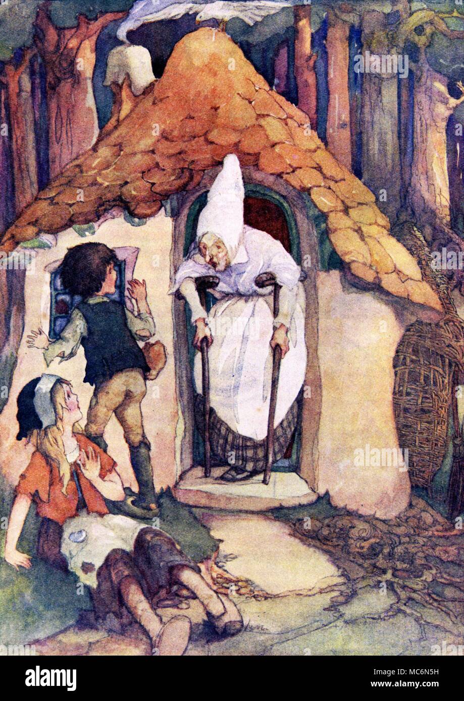 Märchen Hänsel und Gretel nur dann öffnete sich die Tür und eine alte Frau auf Krücken kam aus Abbildung von Anne Anderson für Hänsel und Gretel 1933 Edition Stockfoto