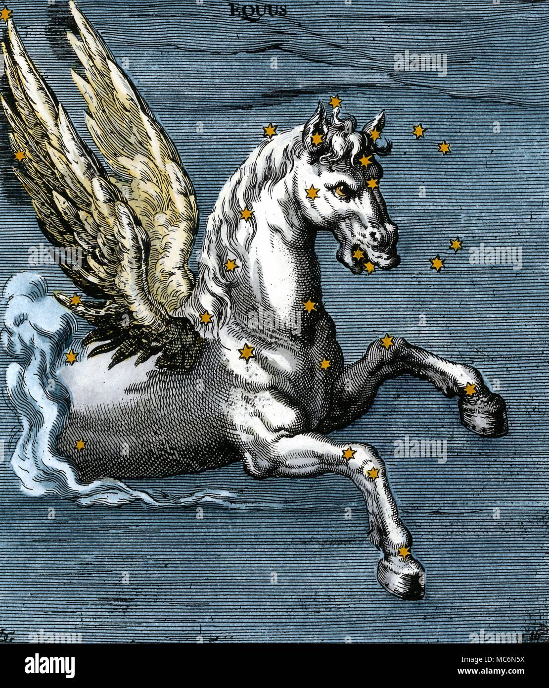 Sternbilder Pegasus achtzehnten Jahrhundert handcolorierte Kupferstich von constellational Pegasus auf die Beleuchtung im 9. Jahrhundert Aratea Manuskript in Leiden, die in sich selbst auf der Grundlage der lateinischen Übersetzung des griechischen Original des Aratus im ersten Jahrhundert unserer Ära geschrieben. Aratus wurde ca. 315 v. Chr. in Soli an der Südküste der heutigen Türkei geboren und soll seine phaenomena Für die Herrscher von Mazedonien Antigonos Gonatas geschrieben zu haben Stockfoto