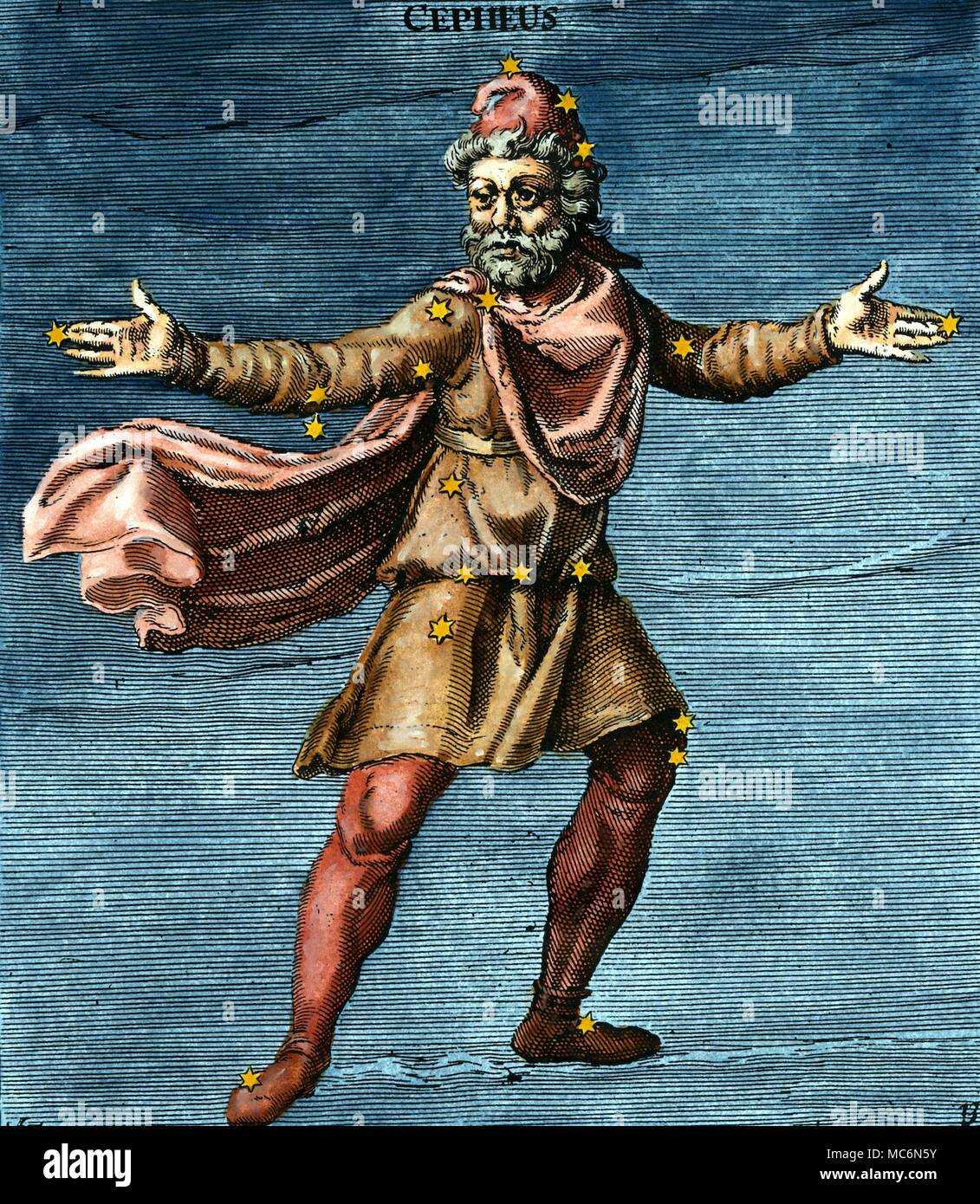 Sternbilder Kepheus achtzehnten Jahrhundert handcolorierte Kupferstich von constellational Cepheus auf die Beleuchtung im 9. Jahrhundert Aratea Manuskript in Leiden, die in sich selbst auf der Grundlage der lateinischen Übersetzung des griechischen Original des Aratus im ersten Jahrhundert unserer Ära geschrieben. Aratus wurde ca. 315 v. Chr. in Soli an der Südküste der heutigen Türkei geboren und soll seine phaenomena Für die Herrscher von Mazedonien Antigonos Gonatas geschrieben zu haben Stockfoto