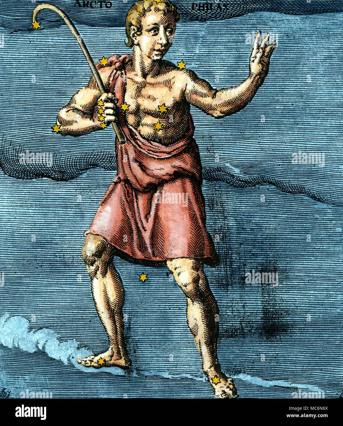 Sternbilder Arctophilax achtzehnten Jahrhundert handcolorierte Kupferstich von constellational Arctophilax das Bild auf der Beleuchtung im 9. Jahrhundert Aratea Manuskript in Leiden, die in sich selbst auf der Grundlage der lateinischen Übersetzung des griechischen Original des Aratus im ersten Jahrhundert unserer Zeitrechnung geschrieben ist. Aratus wurde ca. 315 v. Chr. in Soli an der Südküste der heutigen Türkei geboren und soll seine phaenomena Für die Herrscher von Mazedonien Antigonos Gonatas geschrieben zu haben Stockfoto