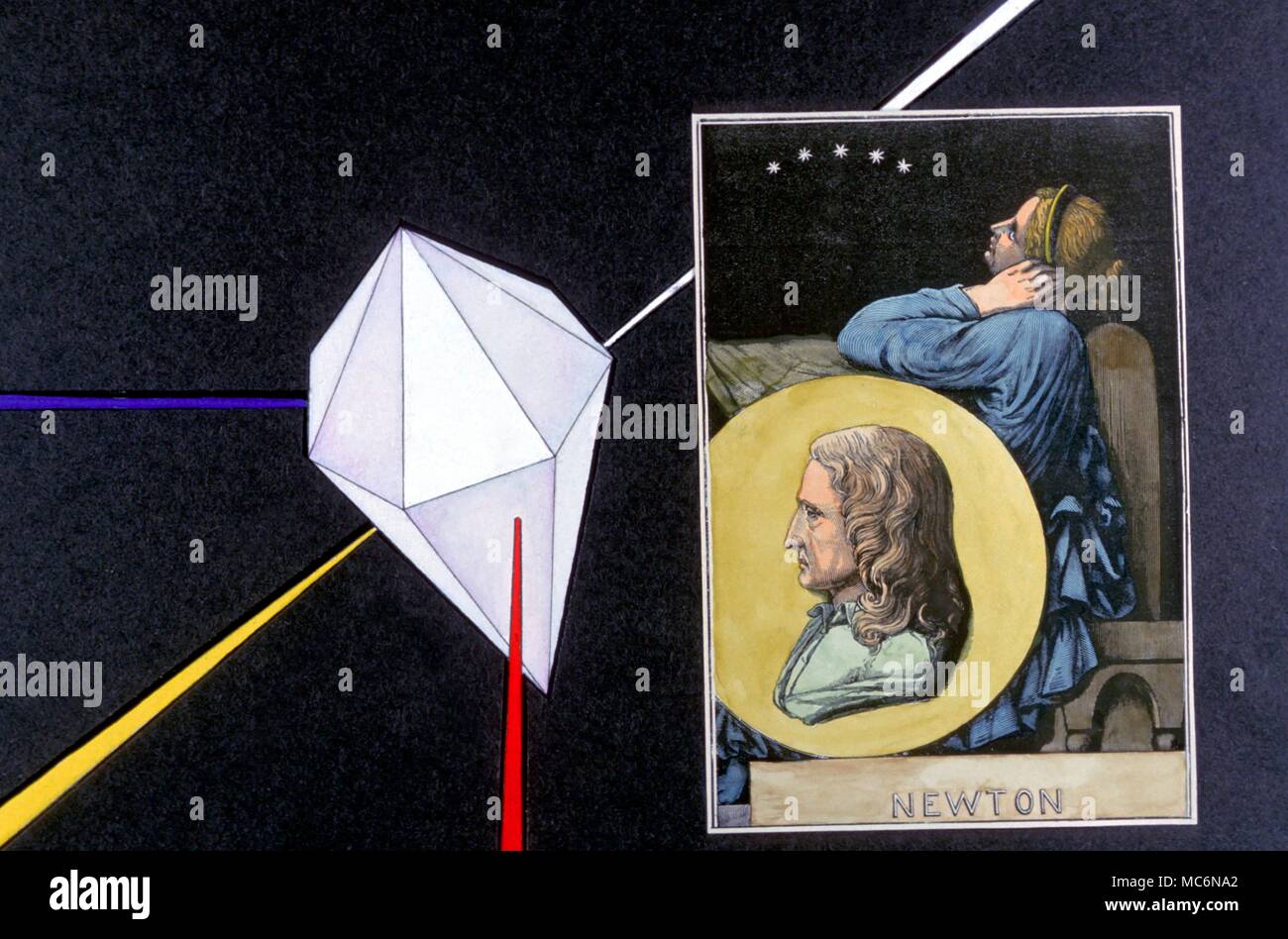 Kristalle gebrochene Licht durch ein Kristall mit Portrait der Wissenschaftler, studierte Gebrochenes Licht Sir Isaac Newton Stockfoto