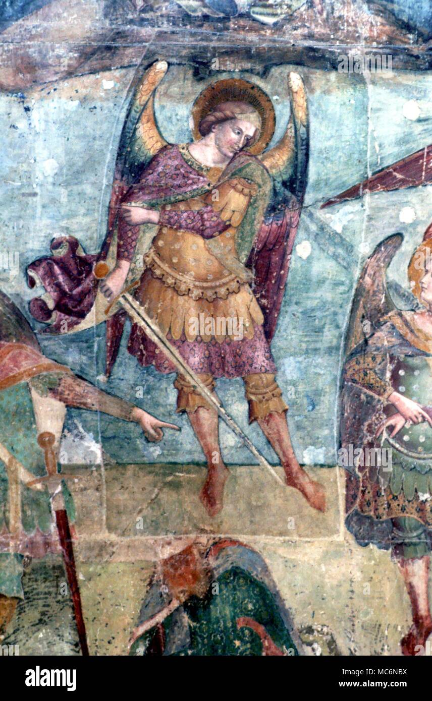 Engelwesen, St. Michael, St. Michael, der Erzengel der Sonne mit seinem Schwert aus dem Fresko in der Kapelle Brizio Dom von Orvieto Stockfoto