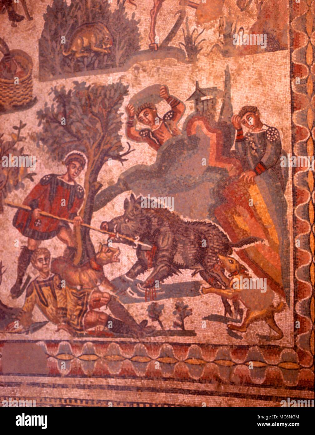 Römische Mosaik [3 centuryAD?] Darstellung einer wildschwein jagd, von der Römischen Villa von Piazza Armerina, Sizilien. Stockfoto