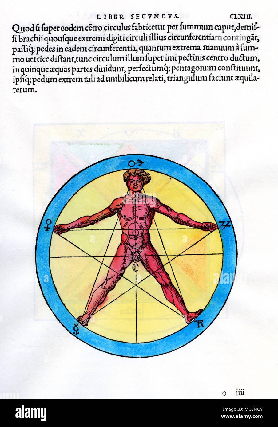 Abbildung eines Mannes, so angeordnet, wie in der Abbildung eines umkreist Pentagramm zu passen, mit Planeten zu jeder Nebenstelle an die Peripherie zugeordnet, und der Mond am secual Zentrum, mit Sonne auf den Magen. Holzschnitt aus Cornelius Agrippa, 'De Helvetica Philosophia", 1533. Stockfoto