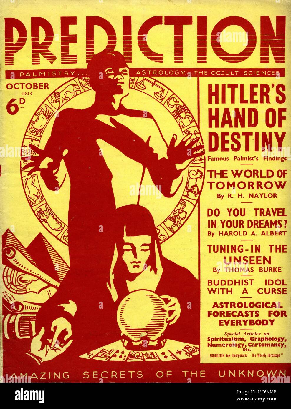Abdeckung des Magazins Vorhersage, für Oktober 1939, die viele Prophezeiungen zu leugnen das Kommen des Zweiten Weltkriegs, sowie eine Analyse der Hand von Adolf Hitler durch Naylor enthalten. Stockfoto