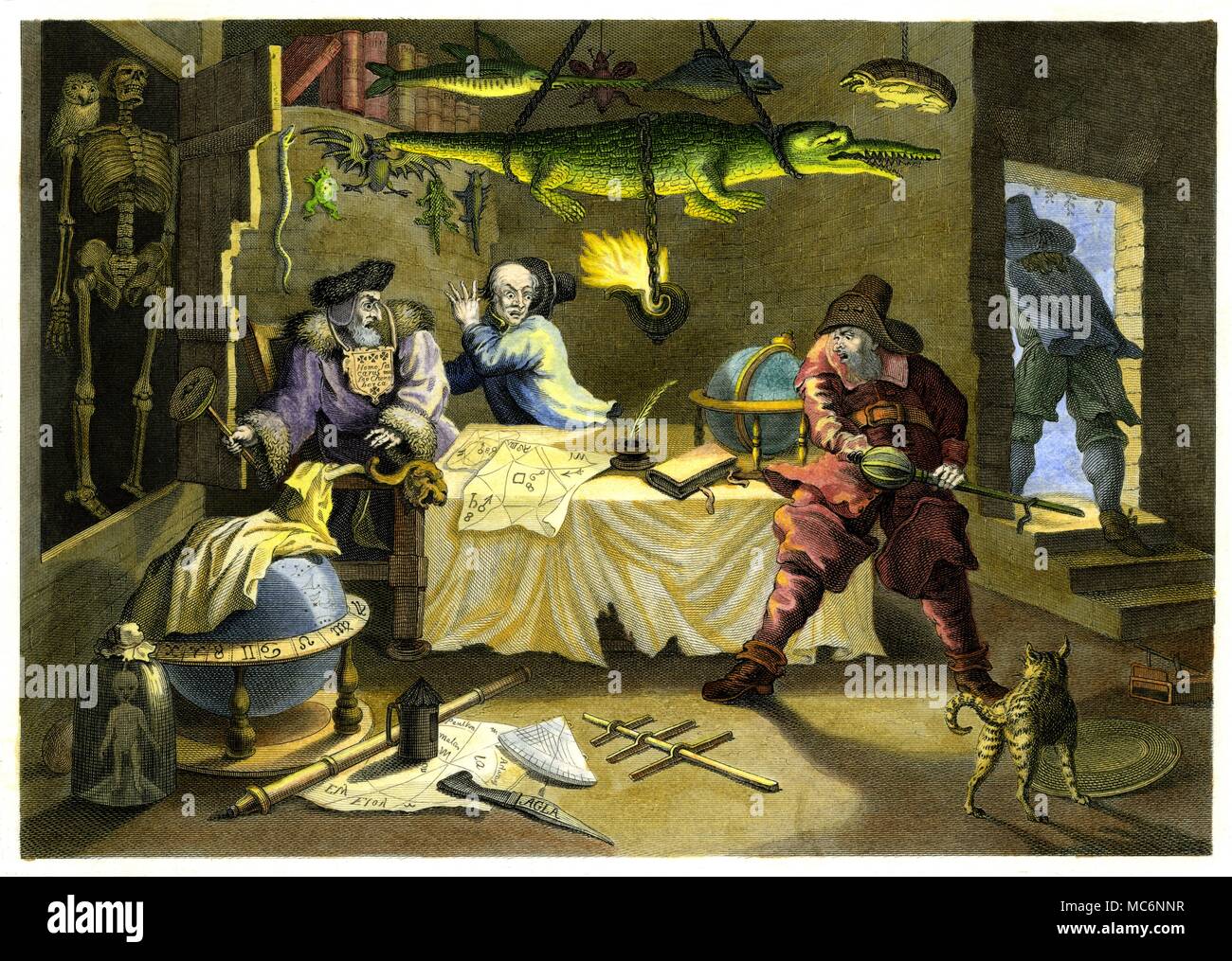 Hudbras Beats der Astrologe, Sidrophel und sein Mann, Whatchum. Handcolorierte Kupferstich von F.F. Walker, aus original Stich von William Hogarth. Abbildung: Auf die satirische Gedicht, "Hudibras' von Butler (1663-78). Die vermeintliche "Lair" des siebzehnten Jahrhunderts Astrologen. Abbildung: Darstellung Hudibras schlagen die Astrologin, Sidrophel und sein Mann, Whatchum. Handcolorierte Kupferstich von F.F. Walker, aus original Stich von William Hogarth, die als Illustration zu den drei - Teil satirische Gedicht, "Hudibras' von S. Butler [1663-78]. Stockfoto
