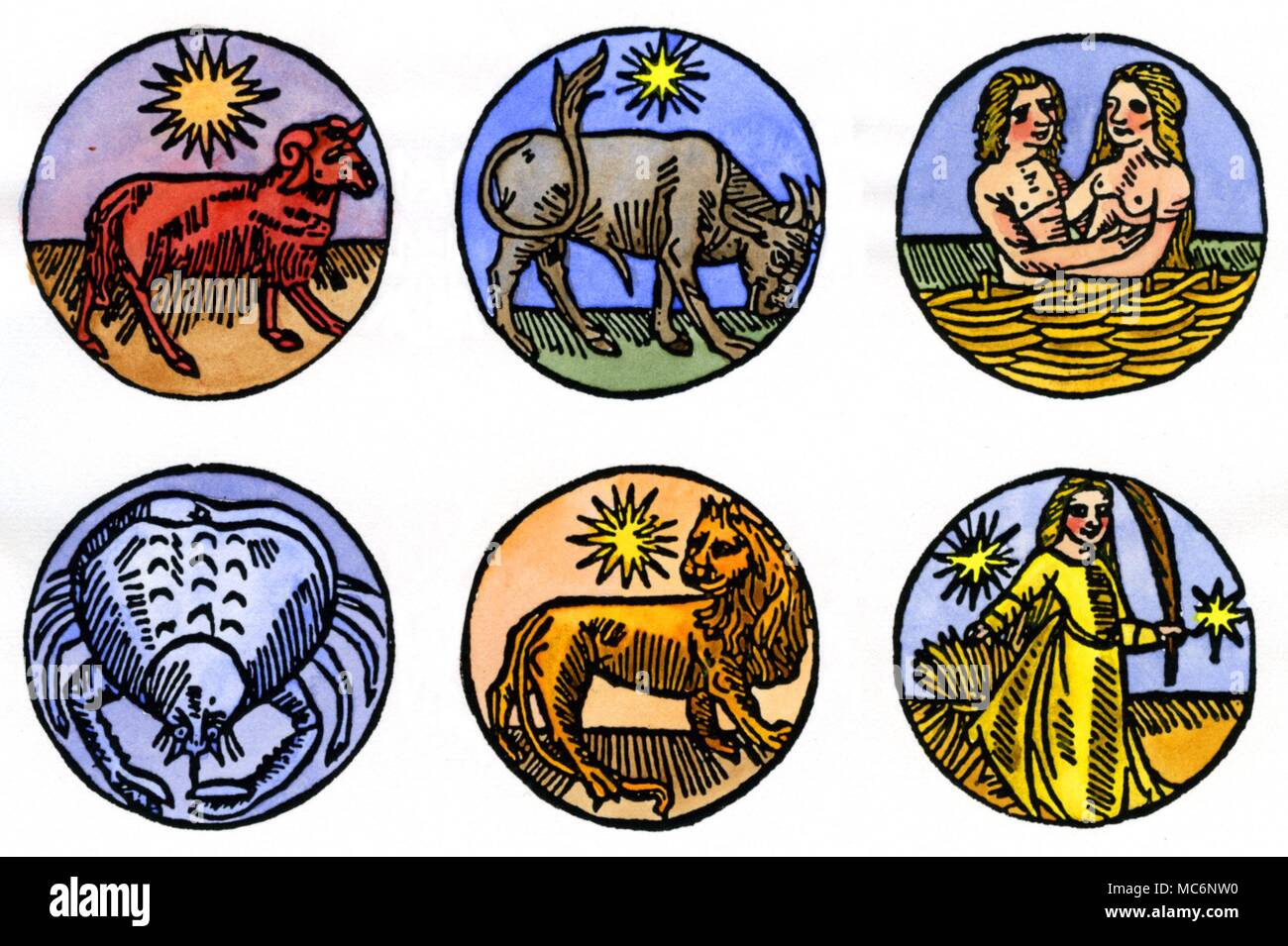 Roundels von Nicolas le Rouge Ausgabe von "Le Grant Kalendrier et Kompost des Bergiers', circa 1500. Astrologie - Sternzeichen - Widder bis Jungfrau Stockfoto