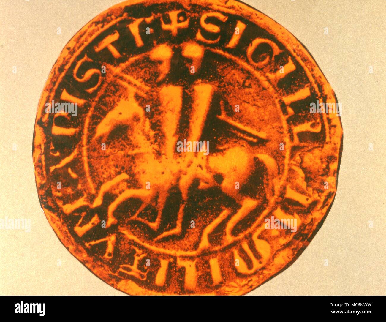 Templar seal, sagte zu, dass der Lehrer des Tempels in Aquitanien, Frankreich Die Ritter reiten ein Pferd, mit lateinischer Inschrift, die Dichtung der Soldaten Christi. Stockfoto