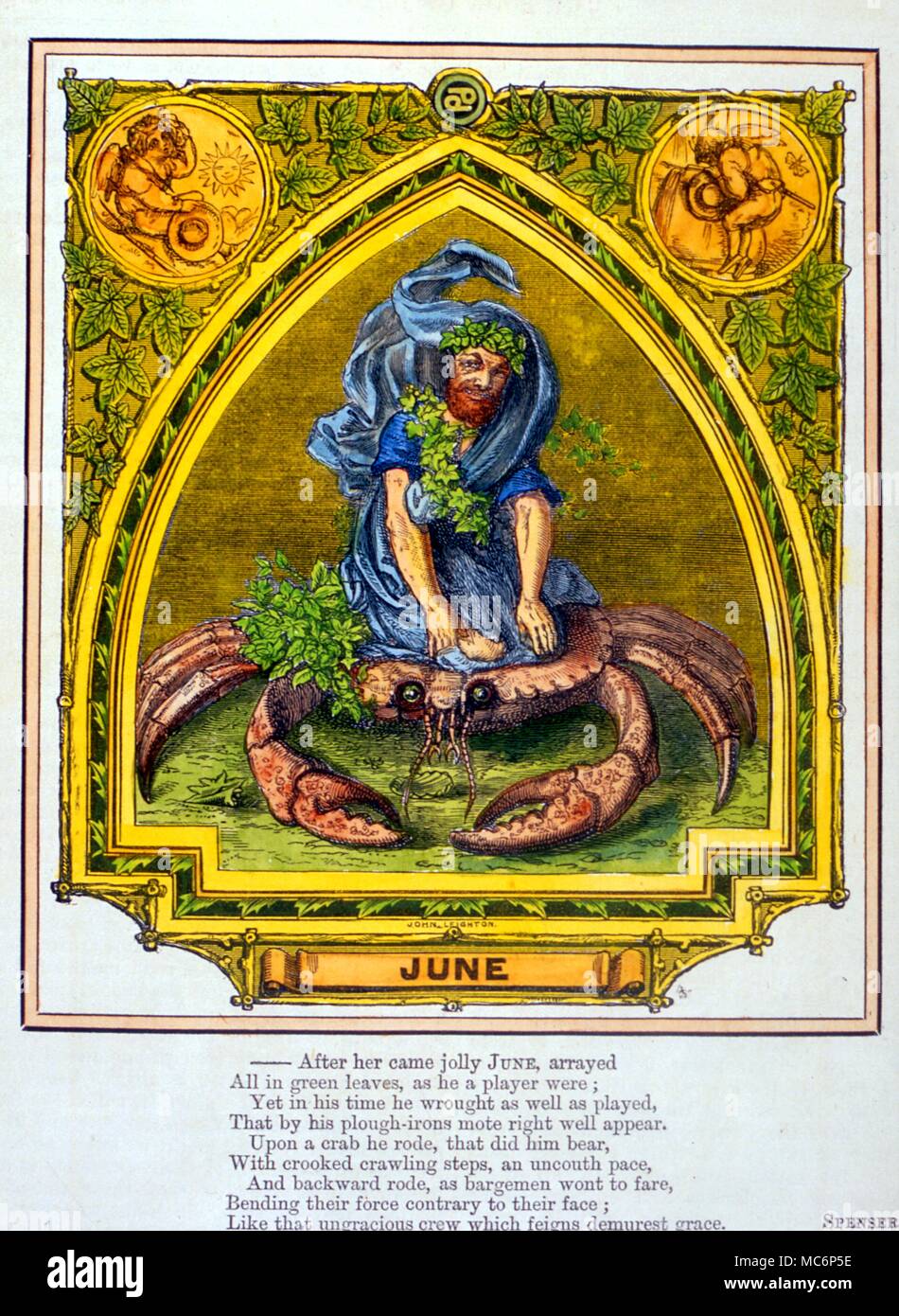 Der Monat Juni, mit den zugehörigen Zeichen, Krebs. Von "Kammern Jahr Buch', 1865. Charles Walker/ Stockfoto