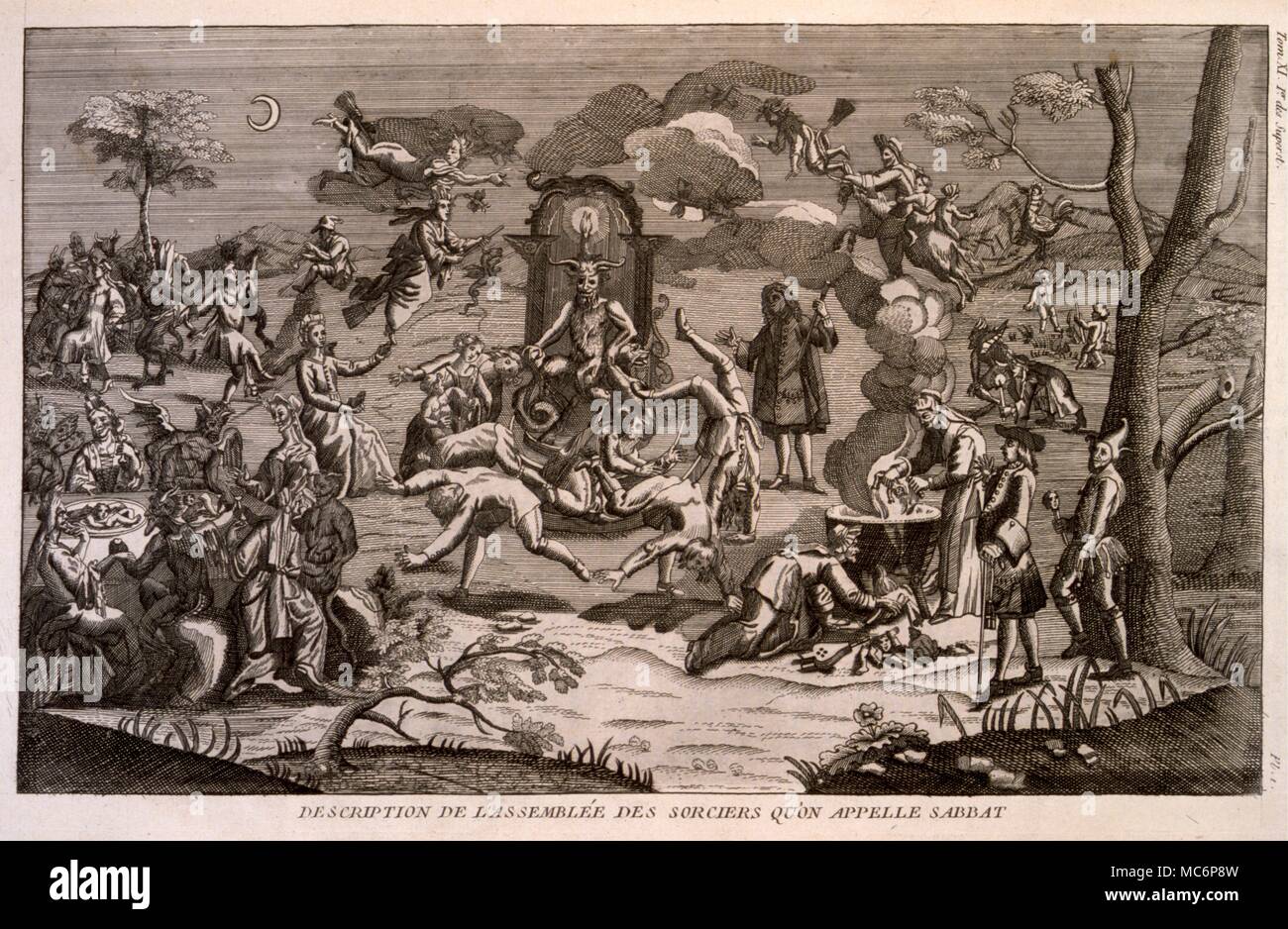 Mätzchen von Männern, Frauen und Dämonen zu einem Hexen Sabbat. Kupferstich aus dem Jahr 1808 Ausgabe von Bernard Picart, "religiösen Zeremonien und Gebräuche der Welt." Stockfoto