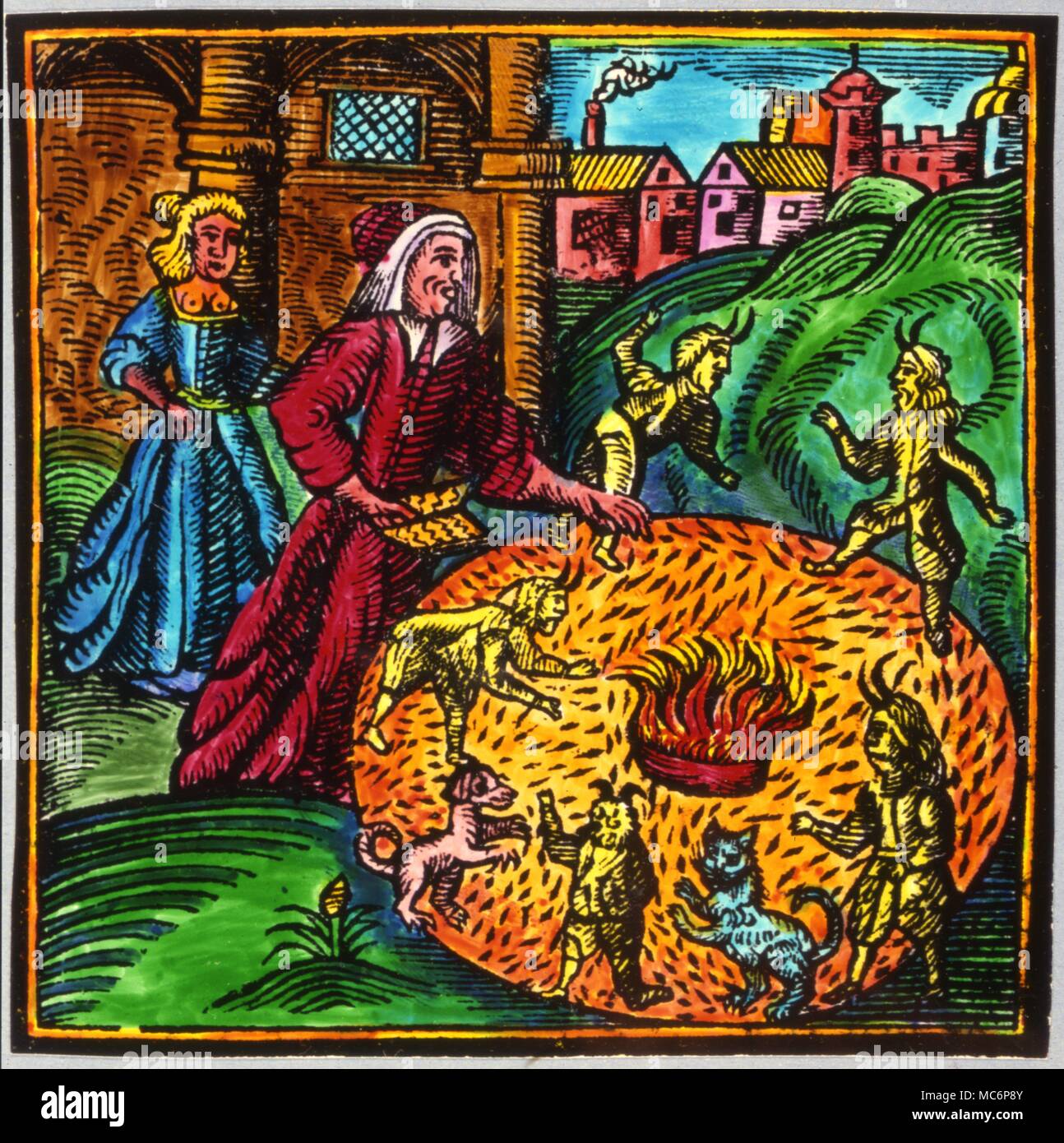 Die Hexe Anne Bodenham. divining die Zukunft mit Hilfe von Dämonen, eine Katze und ein Hund in einem magischen Kreis. Von Nathanial Crouch, "Reich der Finsternis", 1688. Stockfoto