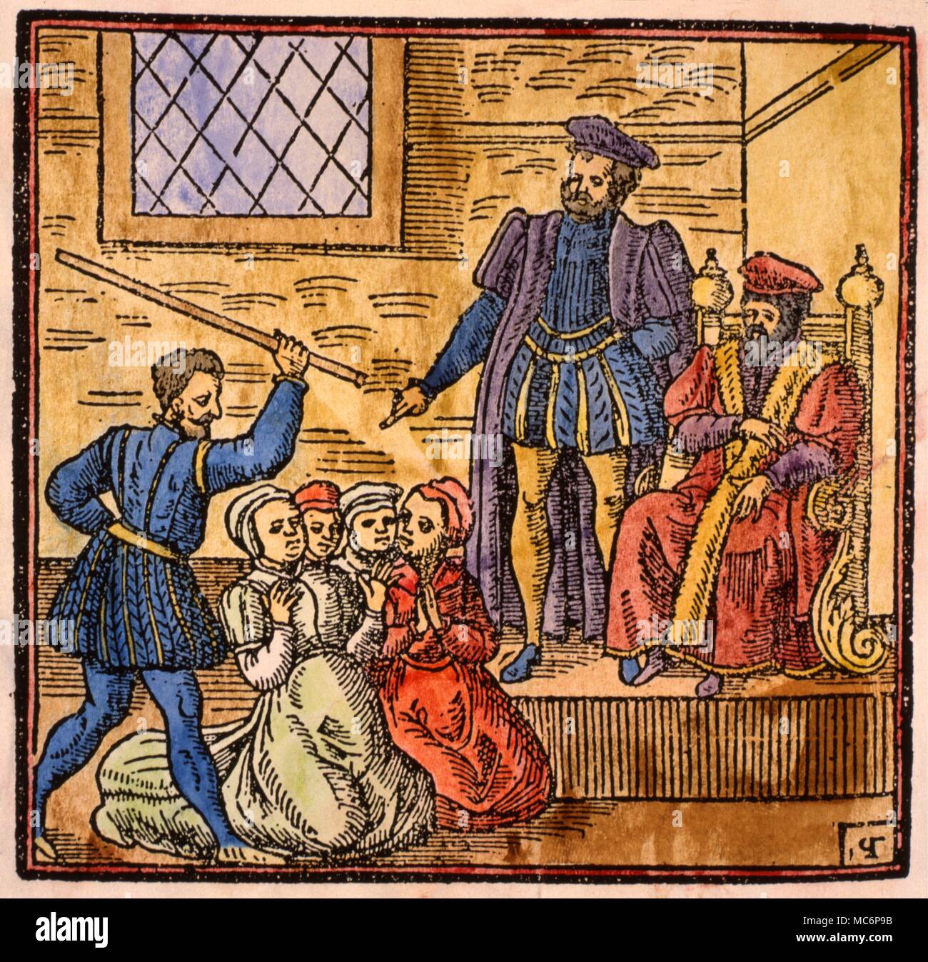 Holzschnitt mit dem schottischen König James VI [Später, James I von England] Überwachung der Folterung von Hexen in Edinburgh, circa 1590. Aus der Ausgabe 1591 der "Newes aus Schottland." Folter Hexerei Stockfoto