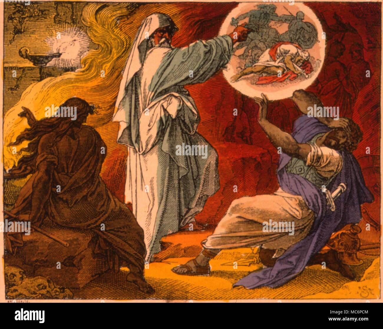 Saul und die Hexe von Endor [ab i Samuel, Xxviii, 20]. Handcolorierte Kupferstich nach einem Gemälde von A. Stahuber, von "Kunst Journal' für 1891. Stockfoto