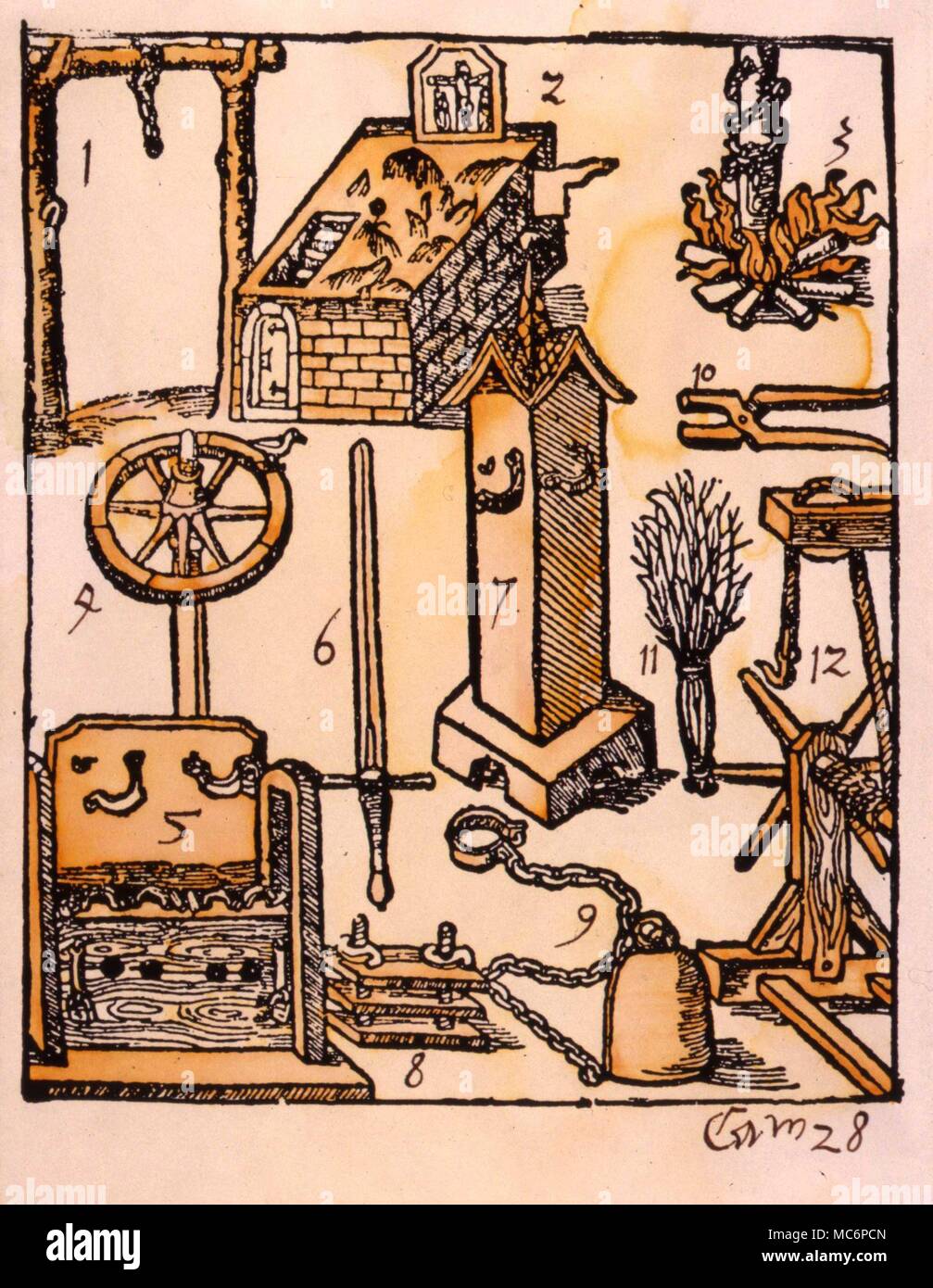 Instrumente der Folter verwendet während des sechzehnten Jahrhunderts witchraft Versuche in der Bamberger. Von der "Bamburgerische Halsgerichtsordnung", 1508, Stockfoto