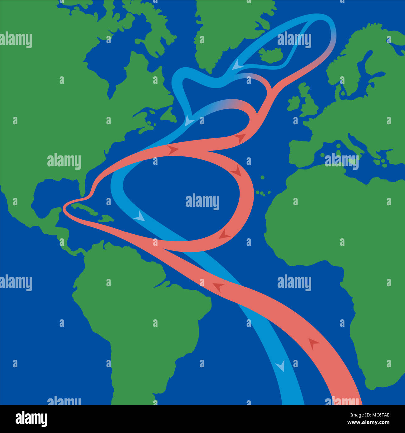 Golfstrom und Nordatlantik aktuelle, die dazu führen, dass Wetterphänomene wie Wirbelstürme und hat Einfluss auf den Welten Klima. Stockfoto