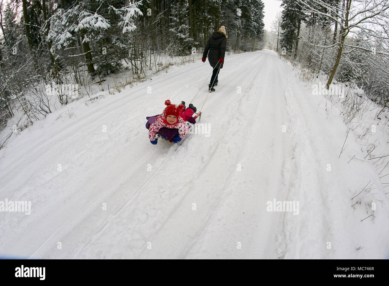 Junge schöne Mädchen mit Hut wihite posiert vor einem Winter Park Hintergrund und spielen mit den süßen Mädchen mit dem Schnee im Wald. Abschleppen sl Stockfoto