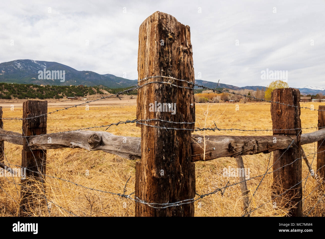 Hölzerner Zaunpfahl und Stacheldraht; Vandaveer Ranch; Salida; Colorado; USA Stockfoto