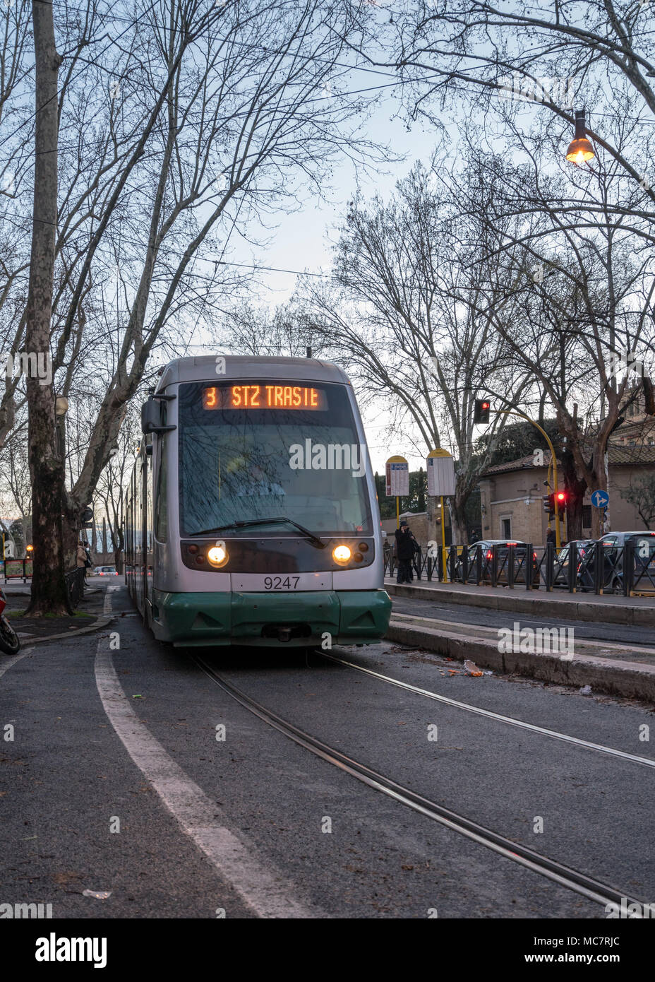 Moderne Straßenbahn in Rom in der Nähe der Zoo oder Biopark Stockfoto