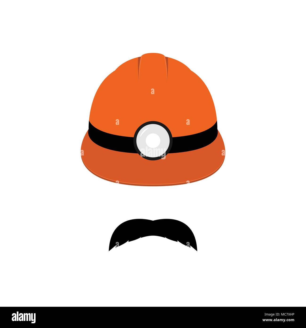 Miner portrait. Zeichen von Berufen. Orange Bergmann mit Helm und Taschenlampe. Stock Vektor