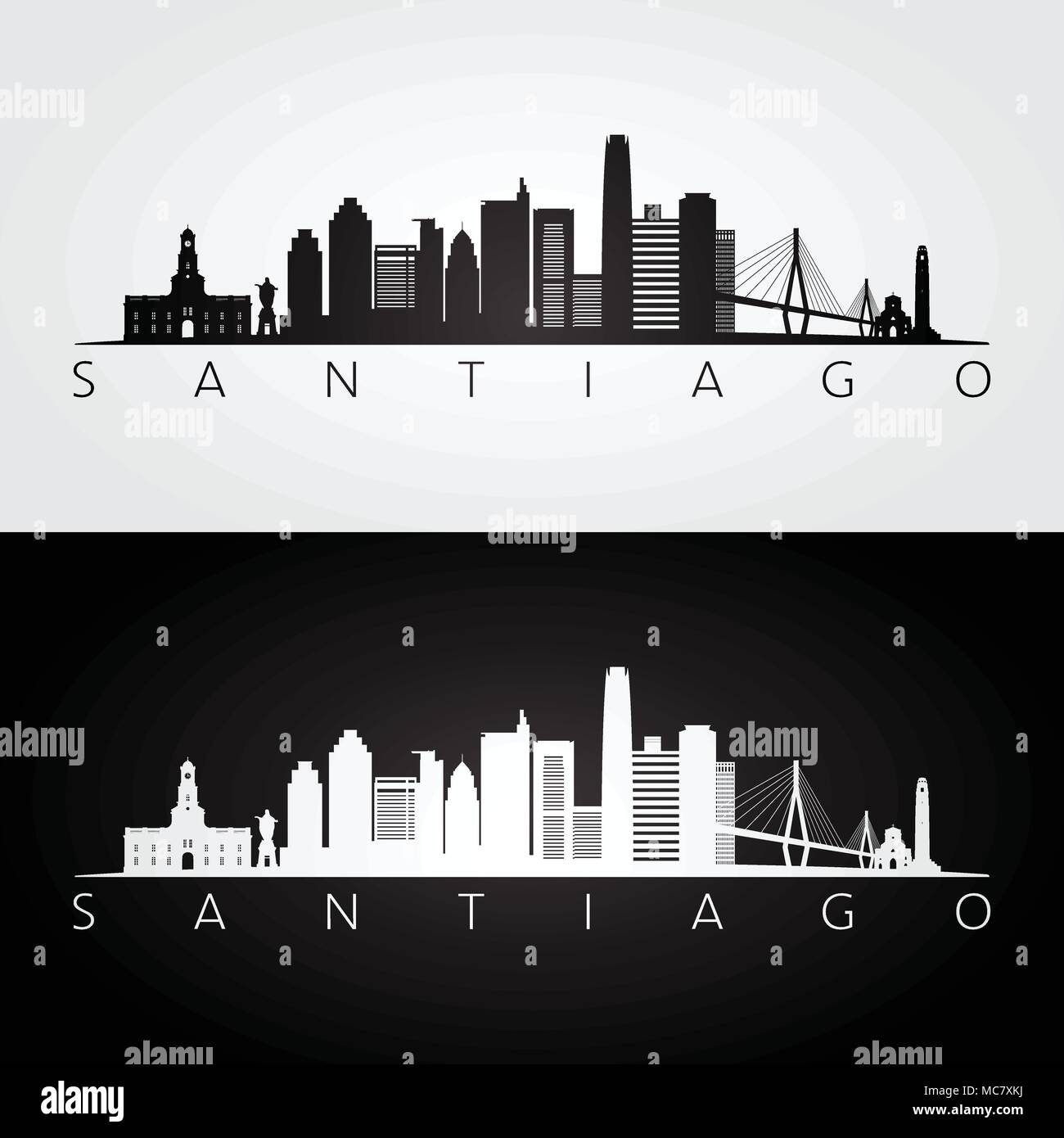 Santiago Skyline und Sehenswürdigkeiten Silhouette, schwarz-weißes Design, Vektor, Abbildung. Stock Vektor