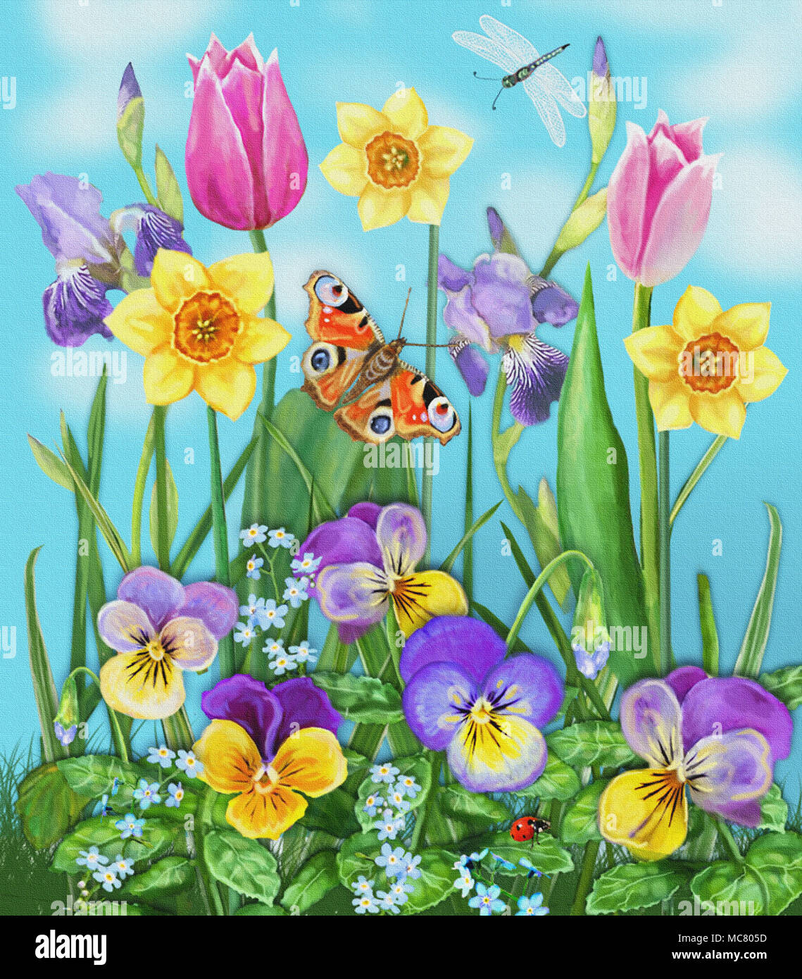 Tageslicht wiese Farbe Hintergrund. Idealistische ruhige Landschaft. Schöne bunte Blumen und Insekten auf einem Hintergrund Stockfoto