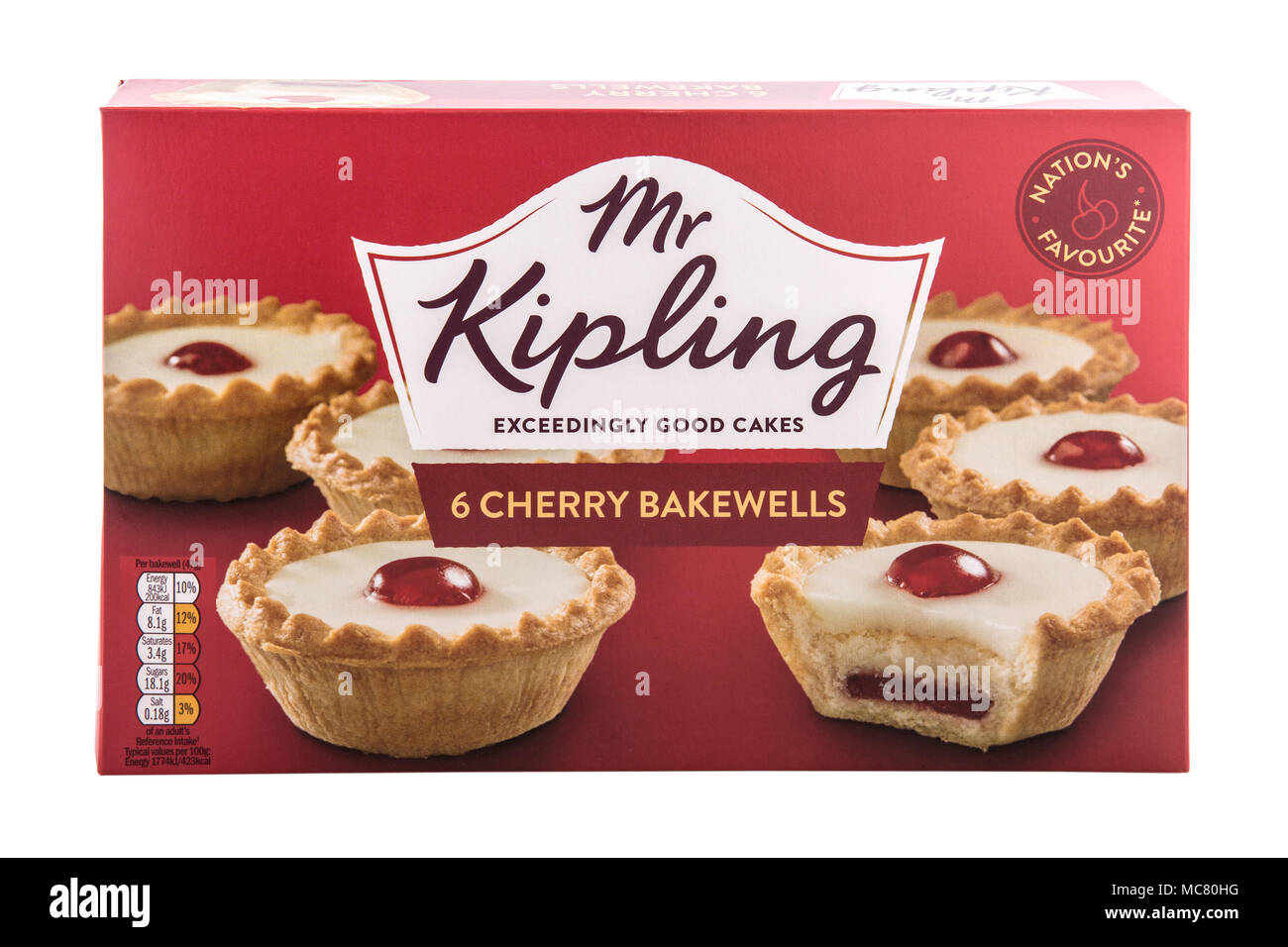 SWINDON, Großbritannien - 14 April, 2018: Herr Kipling 6 Cherry Bakewell, überaus guten Kuchen auf weißem Hintergrund Stockfoto