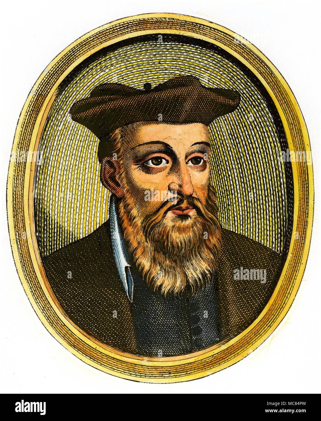 Ovale Portrait von Nostradamus, freistehendes aus dem siebzehnten Jahrhundert Kupferstich von J.Boulanger. Es gibt mehrere Varianten dieses drucken. Aus der Bibliothek von David Ovason. Stockfoto