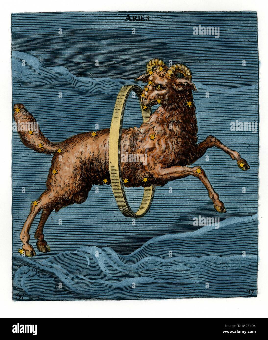 Das Sternbild Widder - ein siebzehnten Jahrhundert handcolorierte Kupferstich von Widder die Widder, auf eine Beleuchtung in einer neunten Jahrhundert Aratus in Leiden. Aratus wurde ca. 315 v. Chr. in Sosliss geboren und schrieb seinem berühmten Werk auf die Sternbilder, Phaenomena, Stockfoto