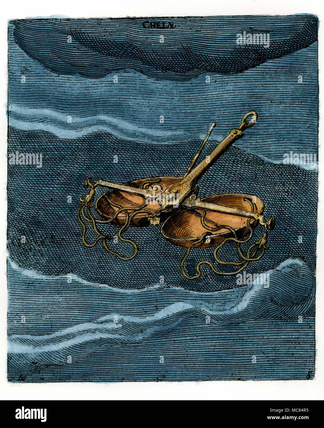 Das Sternbild Waage: Ein siebzehnten Jahrhundert hand - farbige Abbildung, auf der neunten Jahrhundert Aratus Beleuchtung in Leiden. Aratus wurde ca. 315 v. Chr. in Soli geboren und schrieb seinem berühmten Werk auf der Sterne, Phaenomena, für den Herrscher von Mazedonien. Stockfoto