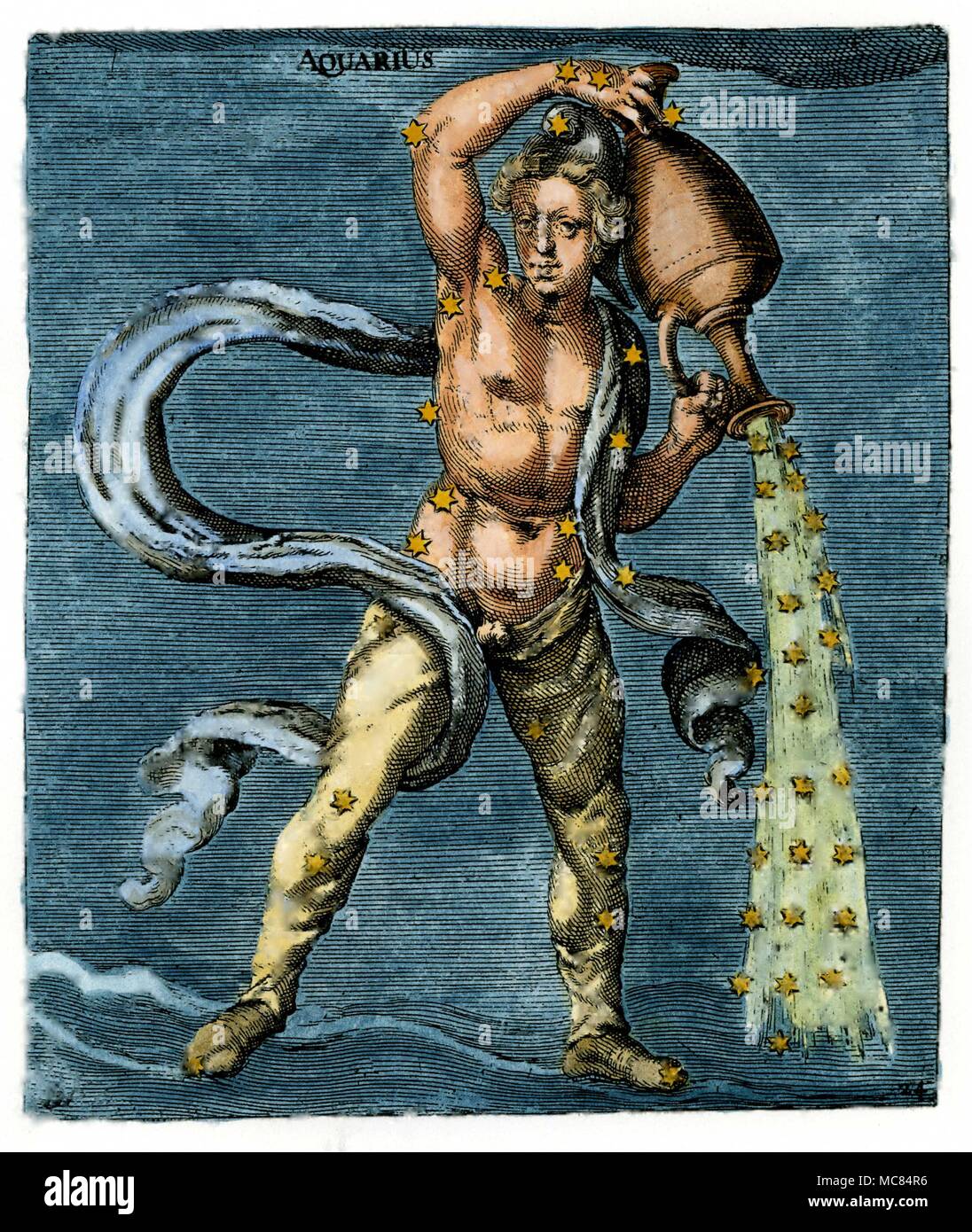 Wassermann das Wasser - Träger - ein siebzehnten Jahrhundert hand-farbigen Druck, auf die Beleuchtungsstärke, die in der neunten Jahrhundert Aratus in Leiden. Aratus geboren wurde ca. 315 v. Chr., in Soli, und schrieb seine "phaenomena" für die Herrscher von Mazedonien. Stockfoto