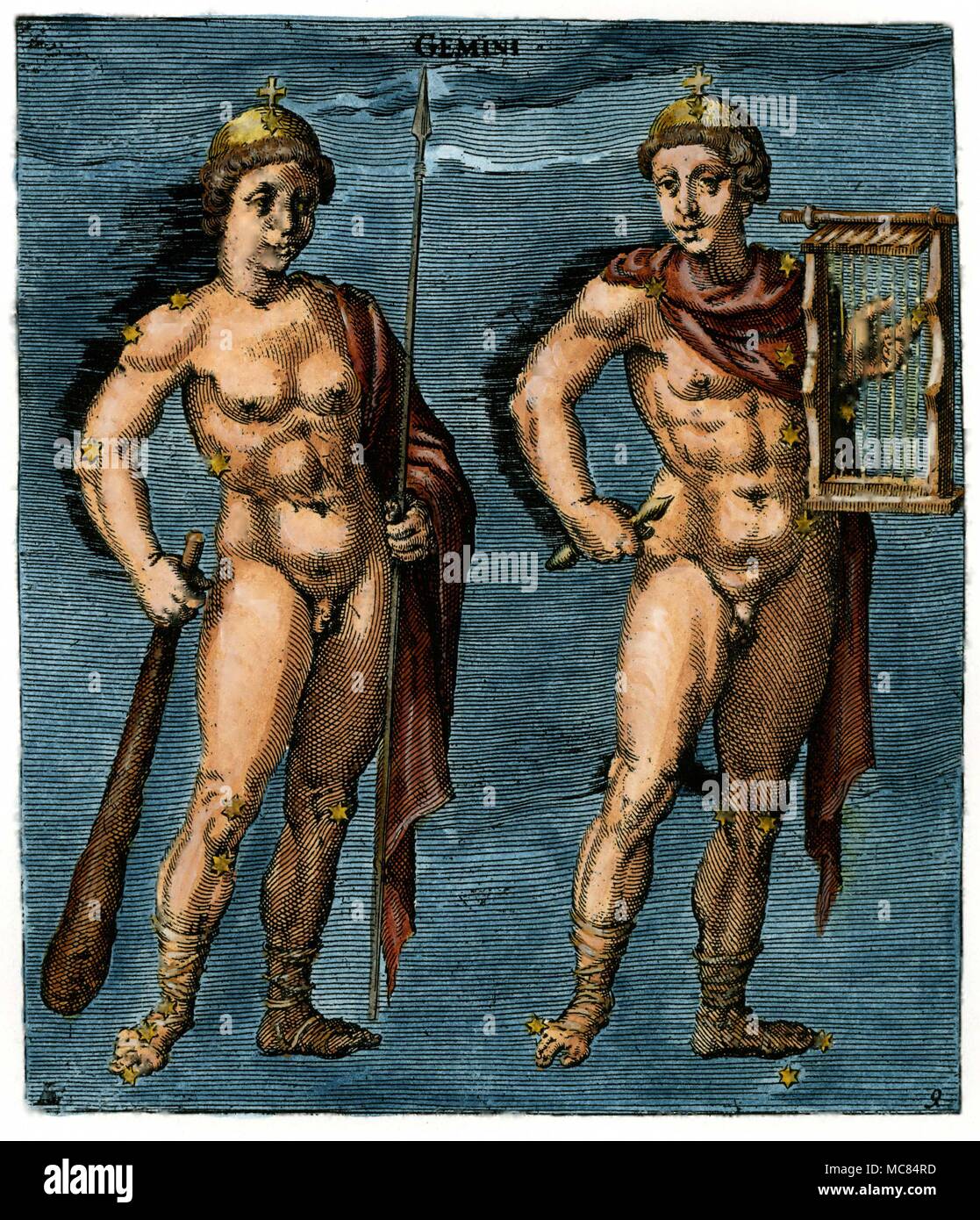 Zwillinge die Zwillinge - hier in der klassischen Form als Castor und Pollux, die Söhne der Leda und Jupiter - Pollux, der Beta-phase der Asterismus vertreten ist mit der Verein und Speer gezeigt: Er ist der unsterbliche des Paares. Ein Bild aus dem 17. Jahrhundert auf dem neunten Jahrhundert Beleuchtung in einem aratus in Leiden. Aratus geboren wurde ca. 315 v. Chr.. Stockfoto