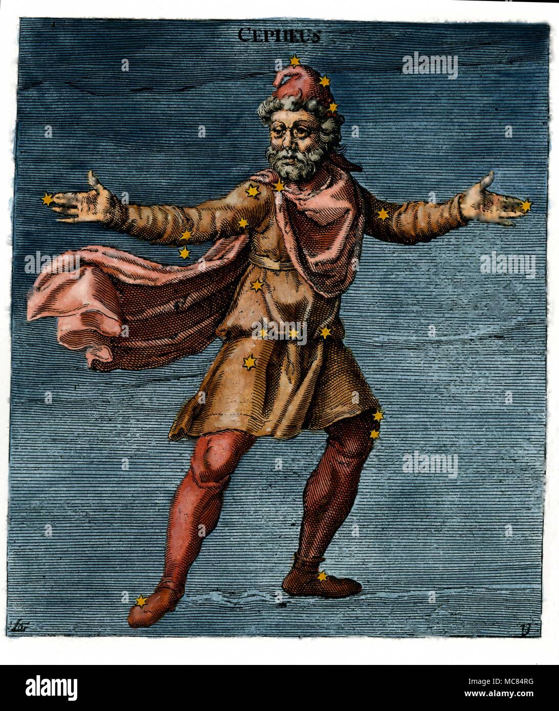 Das Sternbild Kepheus,, der Vater der Andromeda. Siebzehnten Jahrhundert hand - farbige Gravur auf der Grundlage ont er neunten Jahrhundert Aratus in Leiden. Aratus geboren wurde ca. 315 v. Chr., in Soli. Stockfoto