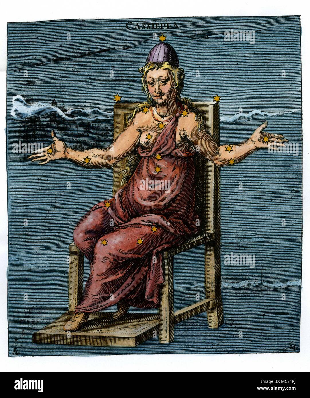 Cassiopeia, die [in der griechischen Legende] war die Mutter von Andromeda, und die Frau des Cepheus. Siebzehnten Jahrhundert handcolorierte Kupferstich, auf dem neunten Jahrhundert Aratus Illustrationen in Leiden. Aratus wurde ca. 315 v. Chr. an Soli geboren und schrieb sein Buch über die Konstellationen für die Herrscher von Mazedonien. Stockfoto