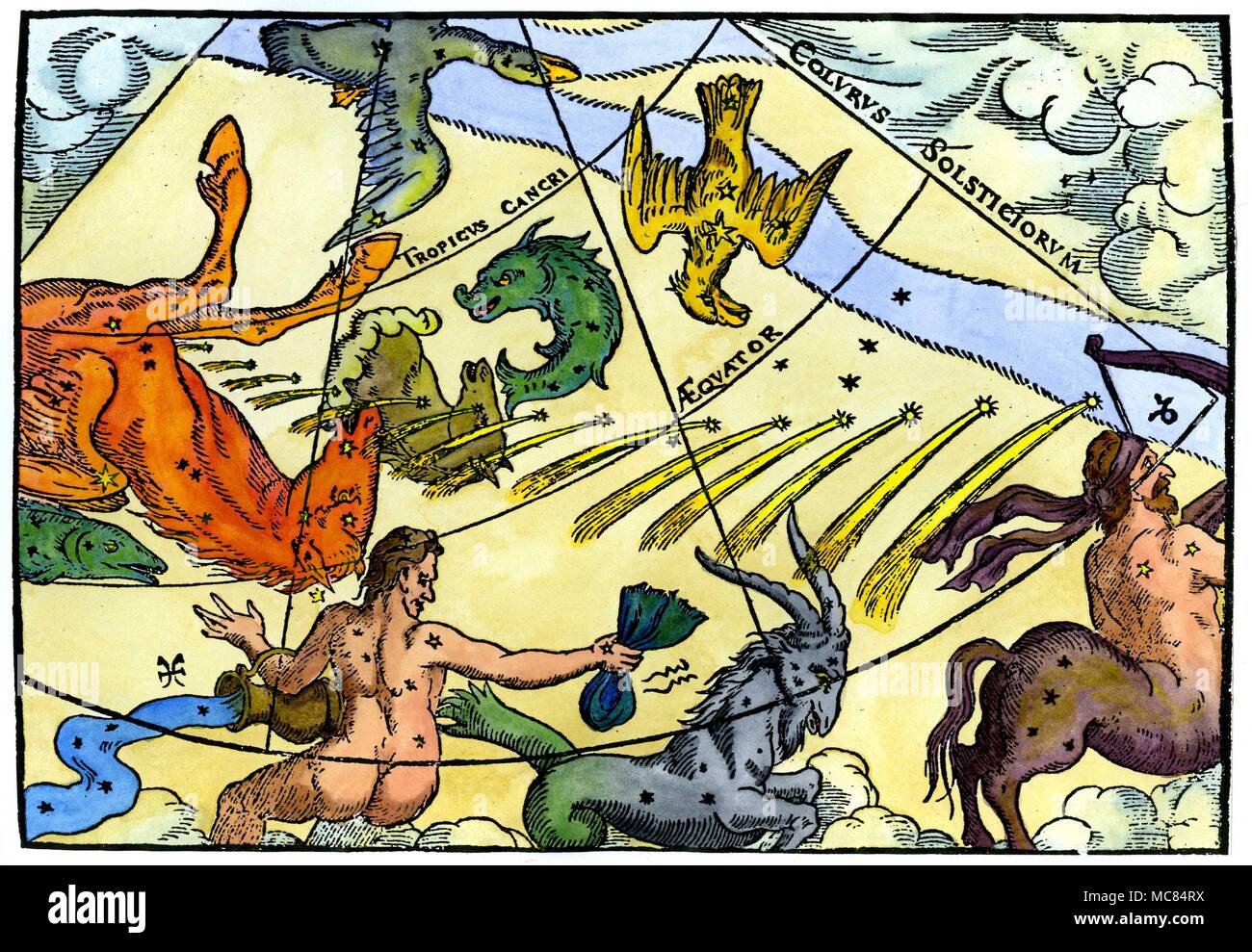 Der große Komet von 1577, der so tief in das Leben und Werk von Tycho Brahe beeinflusst und welche vorhergesagt worden war, zwanzig Jahre früher von Michel Nostradamus. Die Bewegung des Kometen ist in der kontinuierlichen Darstellung abgebildet, die von Schütze zu Pegasus. Von einer gleichzeitigen Prospekt. Stockfoto