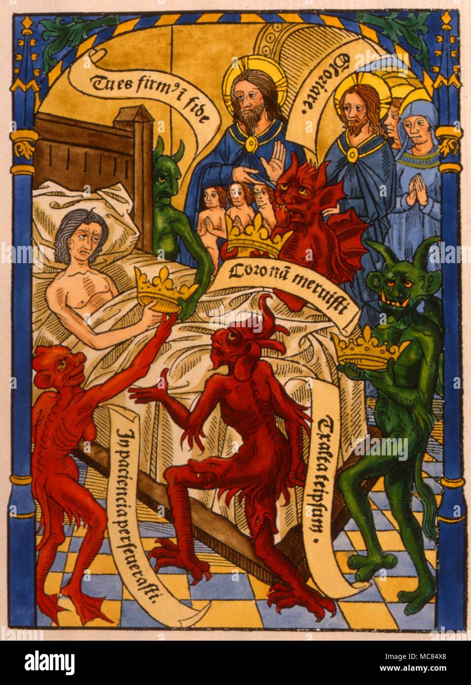 Holzschnitt, der die Dämonen und Engel Attendant am Sterbebett, betreut durch Christus. Von einem 'Ars moriendi Bene' [die Kunst des Sterbens gut], der circa 1500. Stockfoto