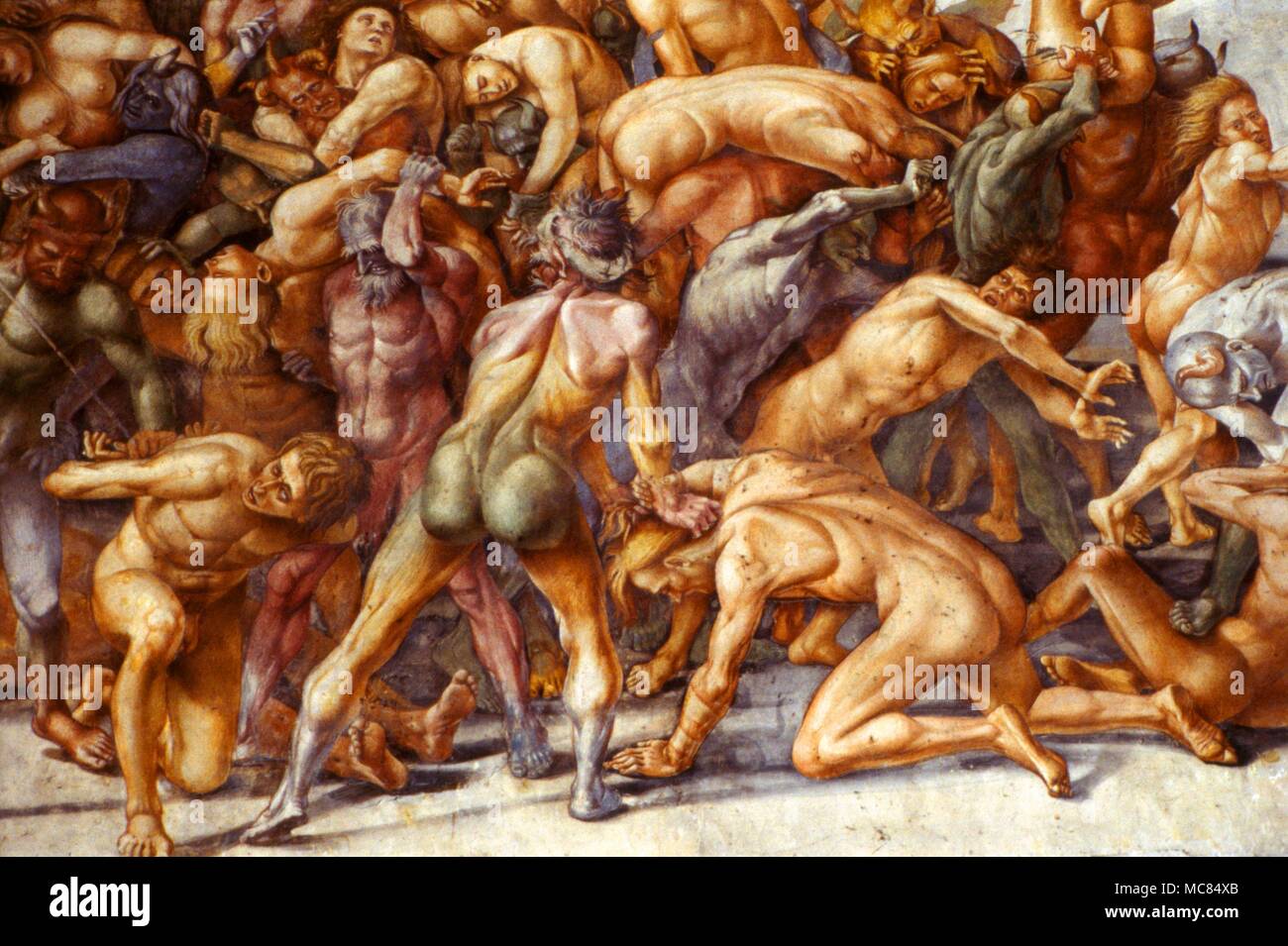Dämonen quälen die Verdammten in der Hölle. Detail der Fresko von Signorelli [1499-1504] im Dom, Orvieto. Stockfoto