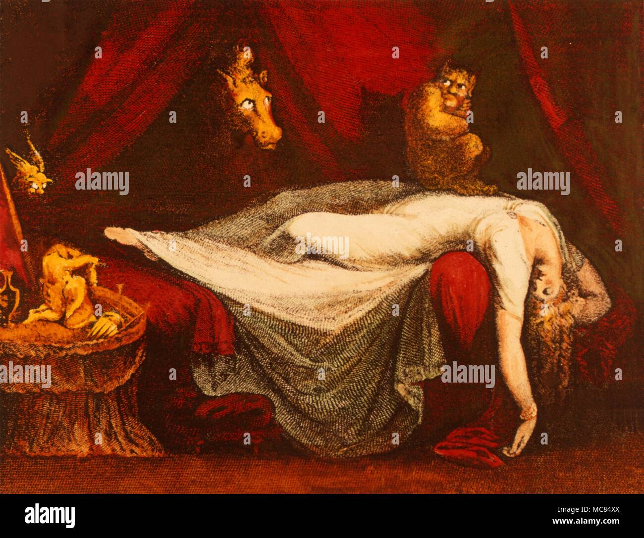Incubus sitzt ont er Körper einer schlafenden Frau. Minderwertig Drucken von ca. 1828 von William Raddon, Fuseli Malerei inspiriert, "Der Alptraum". Stockfoto