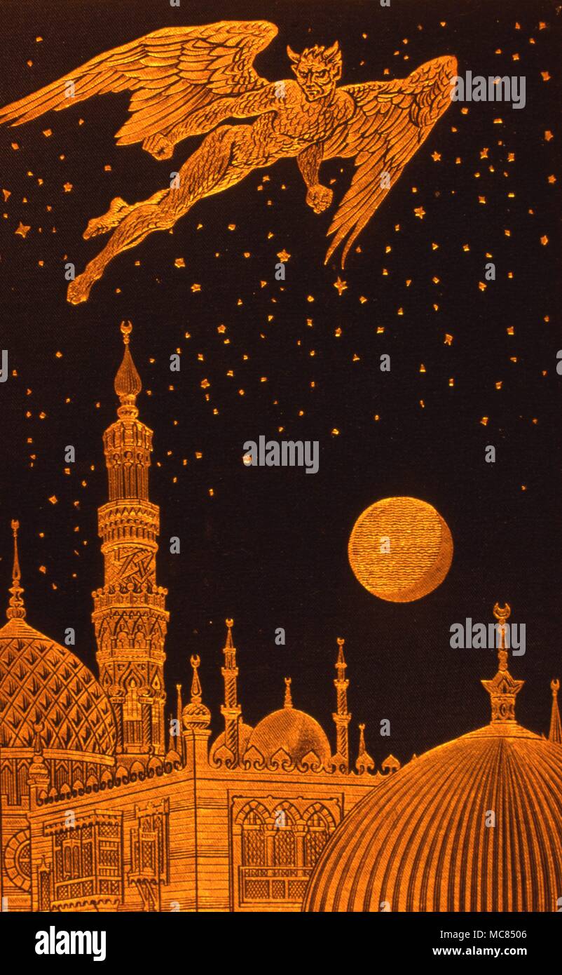 Daemon im Flug über orientalischen Stadt. Gold Blockieren von Andrew Lang "Die Arabische Nacht", 1908. Stockfoto