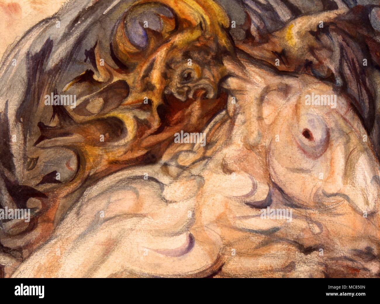 Detail des Kopfes von Luzifer, Erstellen einer Hand aus der Flügelspitze. Von einem Aquarellmalerei, "Lucifer's Konzeption der rechten Hand' von Fay Pomerance. Private Sammlung. Stockfoto