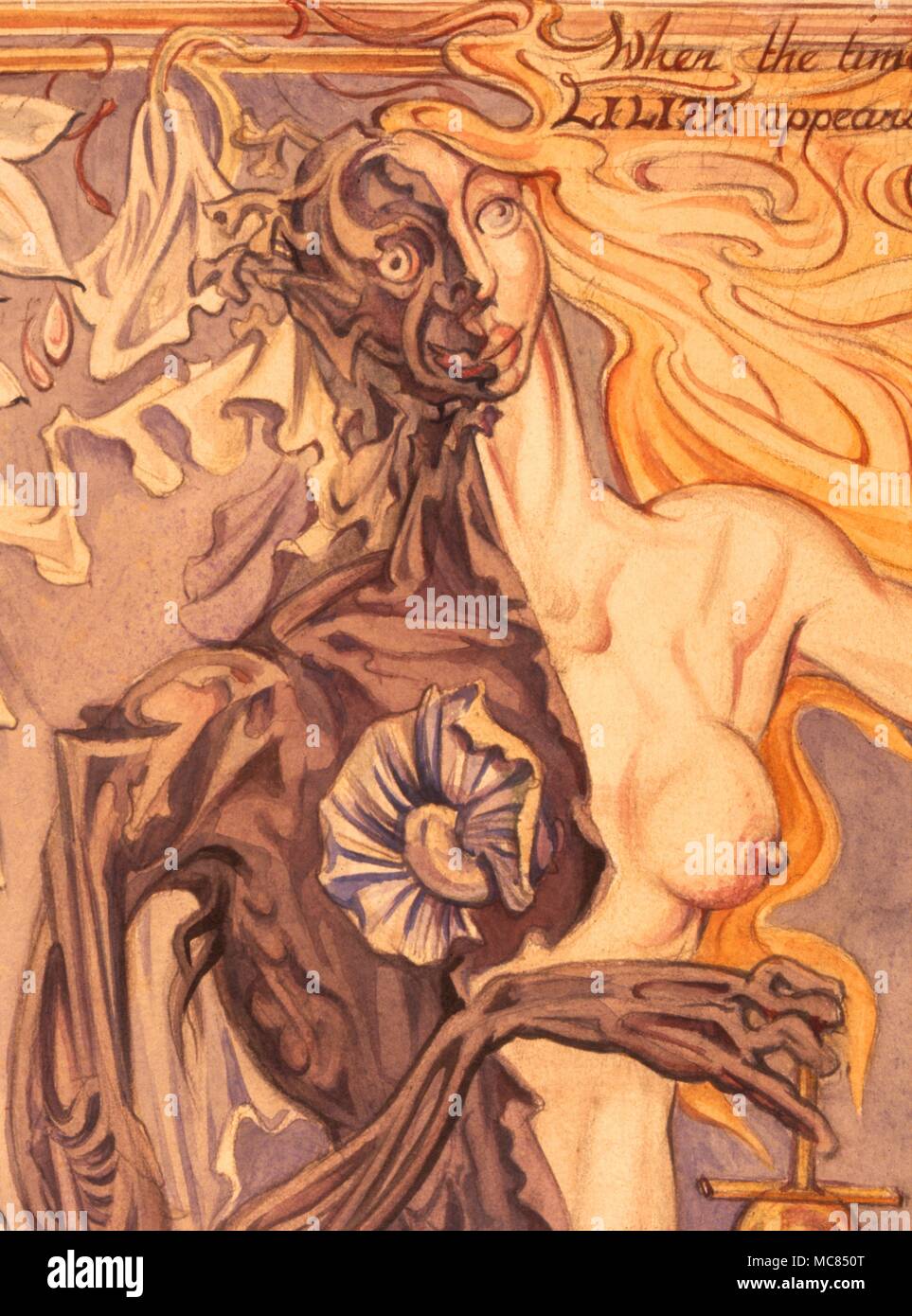 Detail des Kopfes von Lilith, zu einem sterbenden Mann erscheinen. Von "Das Sechste Palast der Hölle' von Fay Pomerance [1945]. Private Sammlung. Das gesamte Bild ist in der Charles Walker Sammlung zur Verfügung. Stockfoto