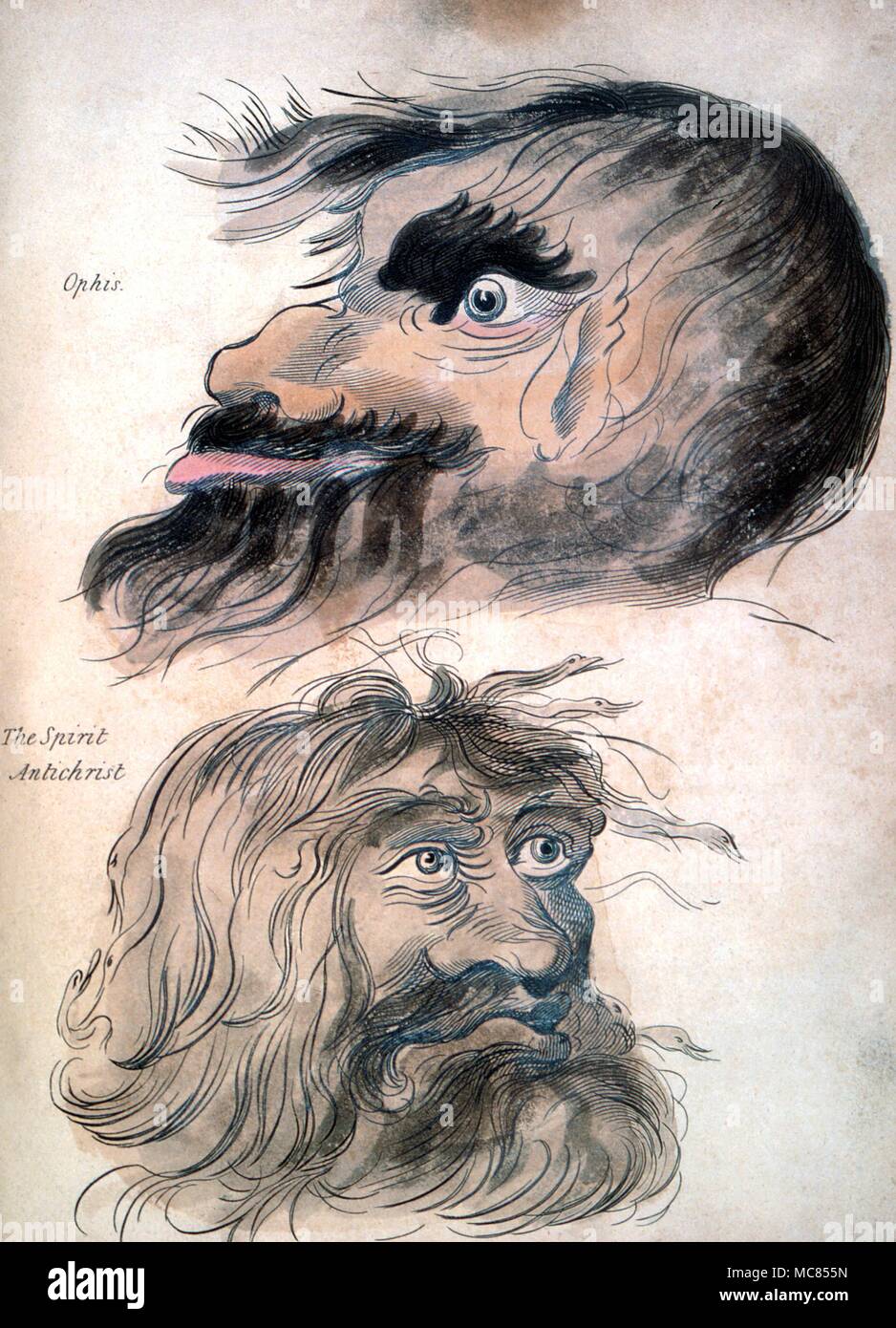 Dämonen Gesichter der beschworenen Dämonen drei benannte Dämonen, aus einer Hand - farbige Platte in Francis Barrett des Magus, oder himmlischen Intelligencer von 1801. Stockfoto