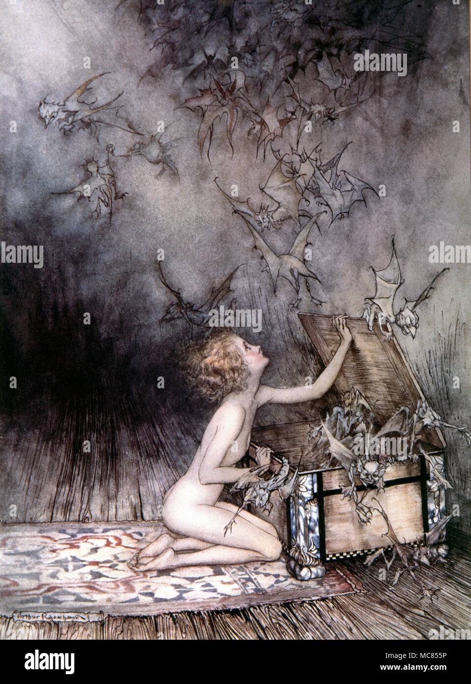 Dämonen und andere Entitäten Flucht aus der Büchse der Pandora. Abbildung von Arthur Rackham, 1905 Stockfoto