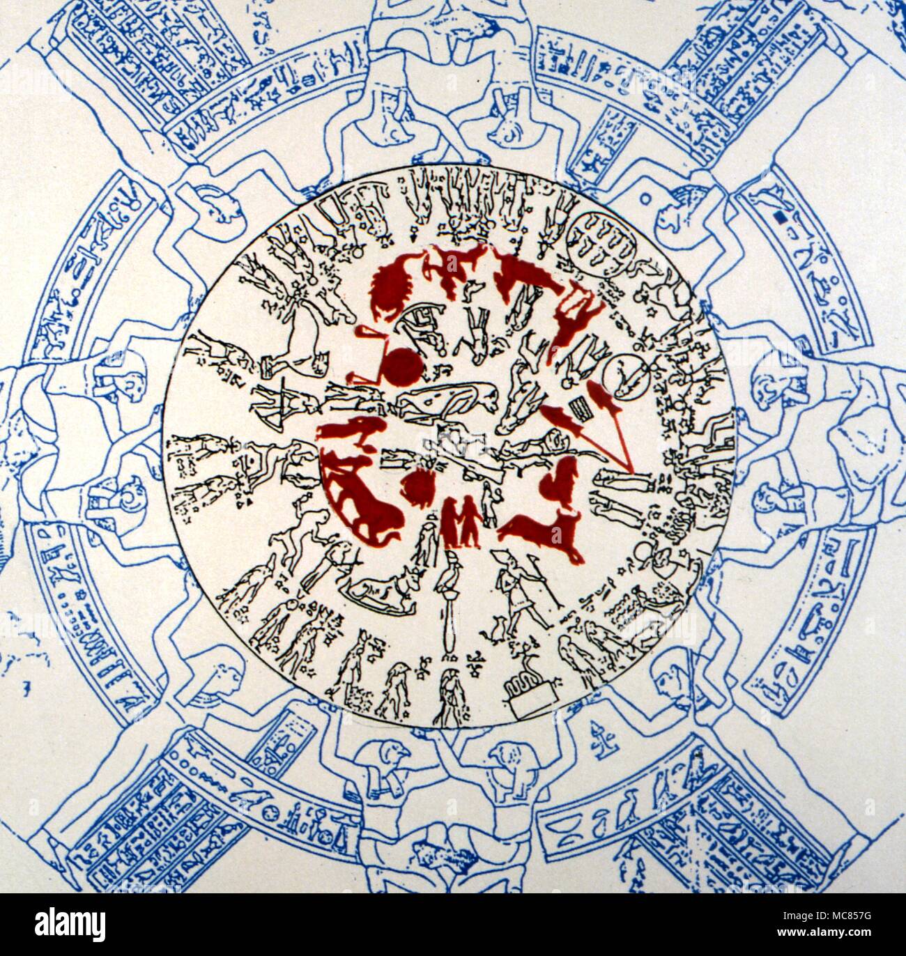 Astrologische sites Denderah Darstellung der Konstellationen, auf dem Dach der Tempel der Hathor, denderah. Die Zahlen in rot die Tierkreiszeichen Sternbilder trace Stockfoto