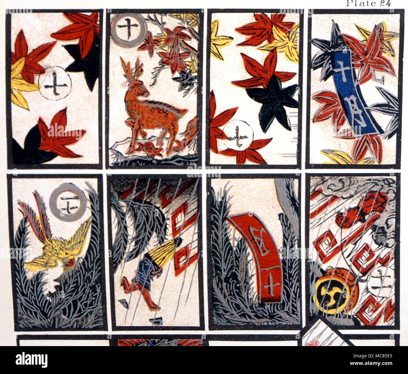 Cartomancy. Japanische Karten spielen, jede repräsentiert eine Woche des Jahres. Serie von lithographischen Karten an den Tarot Tradition, von J, K, Van Rensselaer' des Teufels Bilderbücher 1892. Stockfoto