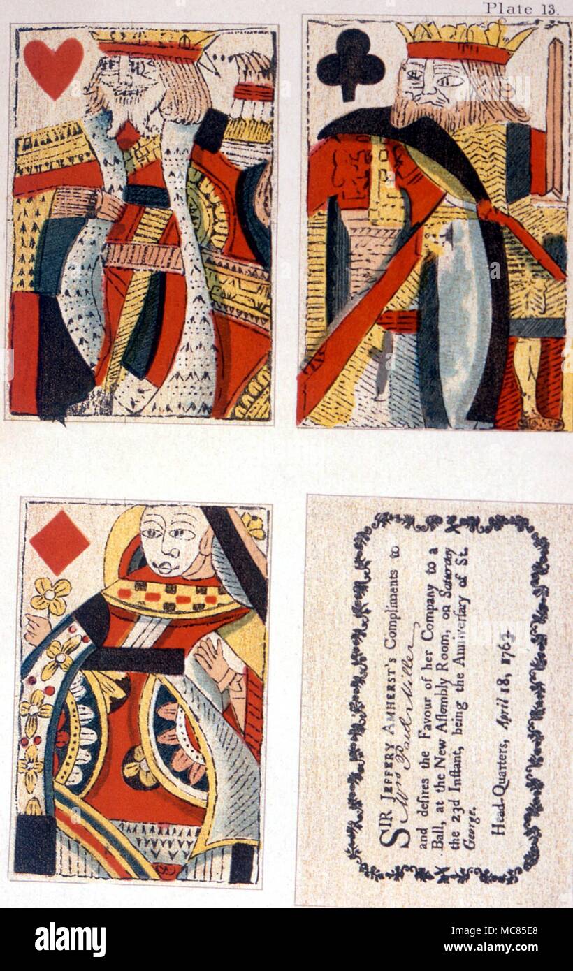 Cartomancy. Drei englische Karten spielen, um 1763, auf die Einladungen geschrieben wurden. Serie von lithographischen Karten an den Tarot Tradition, von J.K. Van Rensselaer' Bild Bücher des Teufels', 1892. Stockfoto