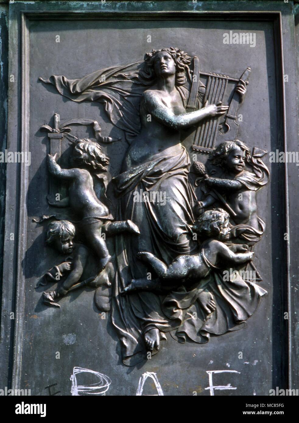 Personifizierung der Musik mit Harfe und Putten. Sculpted Abbildung auf dem Sockel der Statue von Ludwig Beethoven, im Zentrum von Bonn, Deutschland. Stockfoto