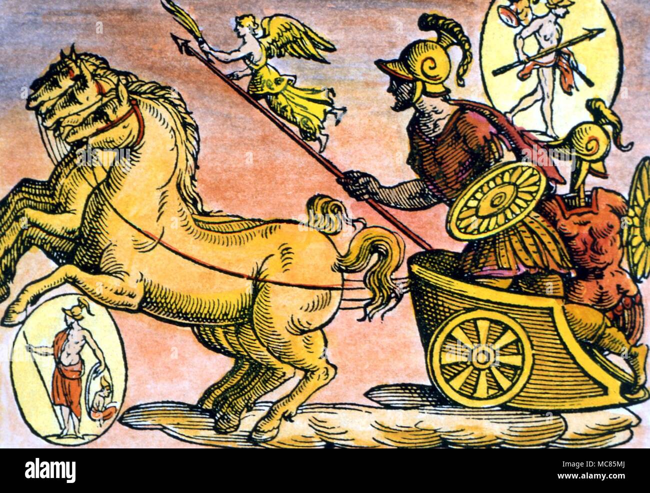 Der griechischen Mythologie der Gott Mars, mit seinem Speer von Sieg gedrängt, in seinem Pferd-Wagen gezogen. Von Natalis Comitis, 'Mythologiae, Lib. V', 17. Jahrhundert edition. privage Sammlung Stockfoto