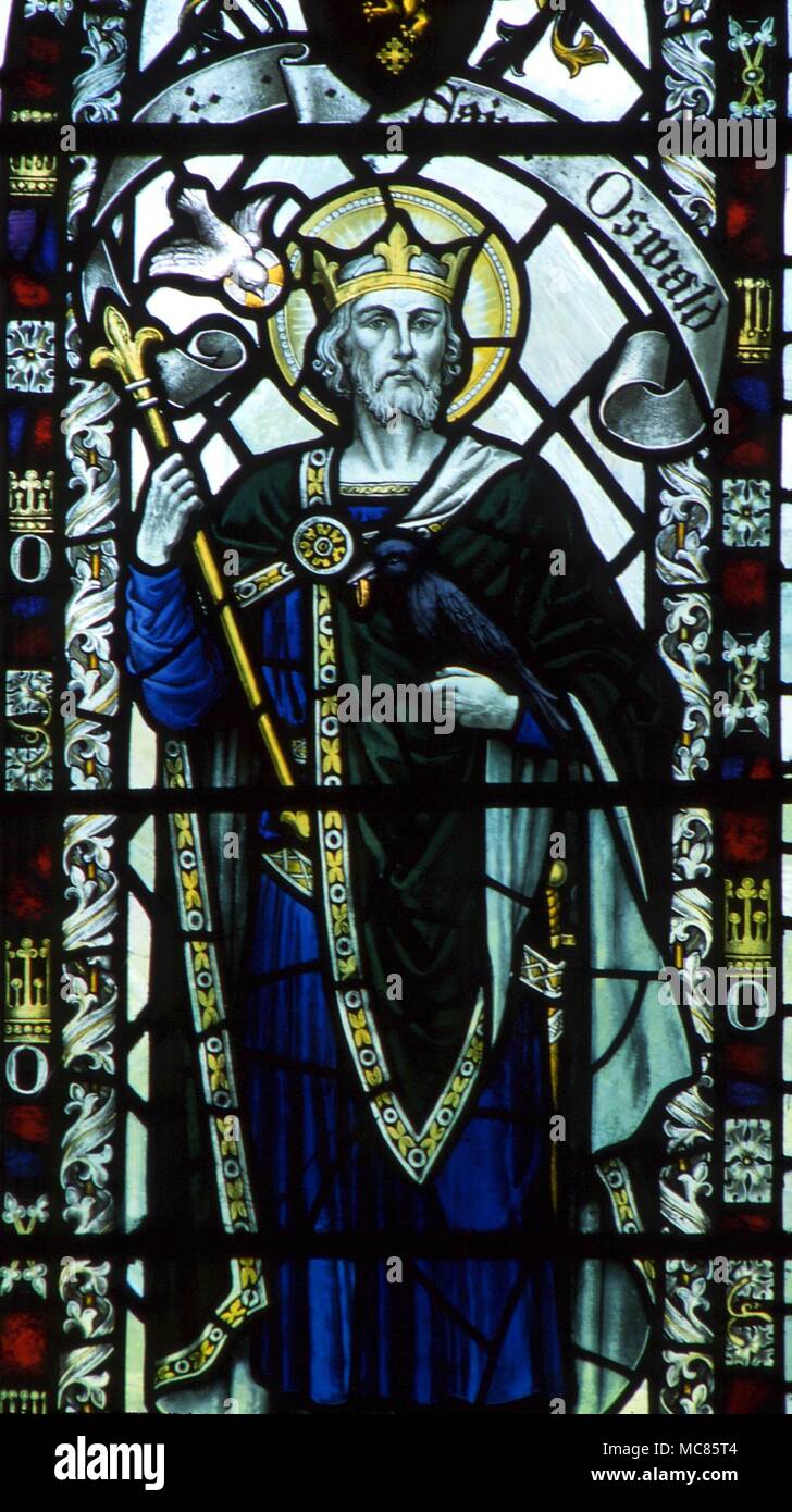 Christian St. Oswald St. Aidan. Detail der Glasmalereien in Kirkby Malham Kirche, Yorkshire Stockfoto