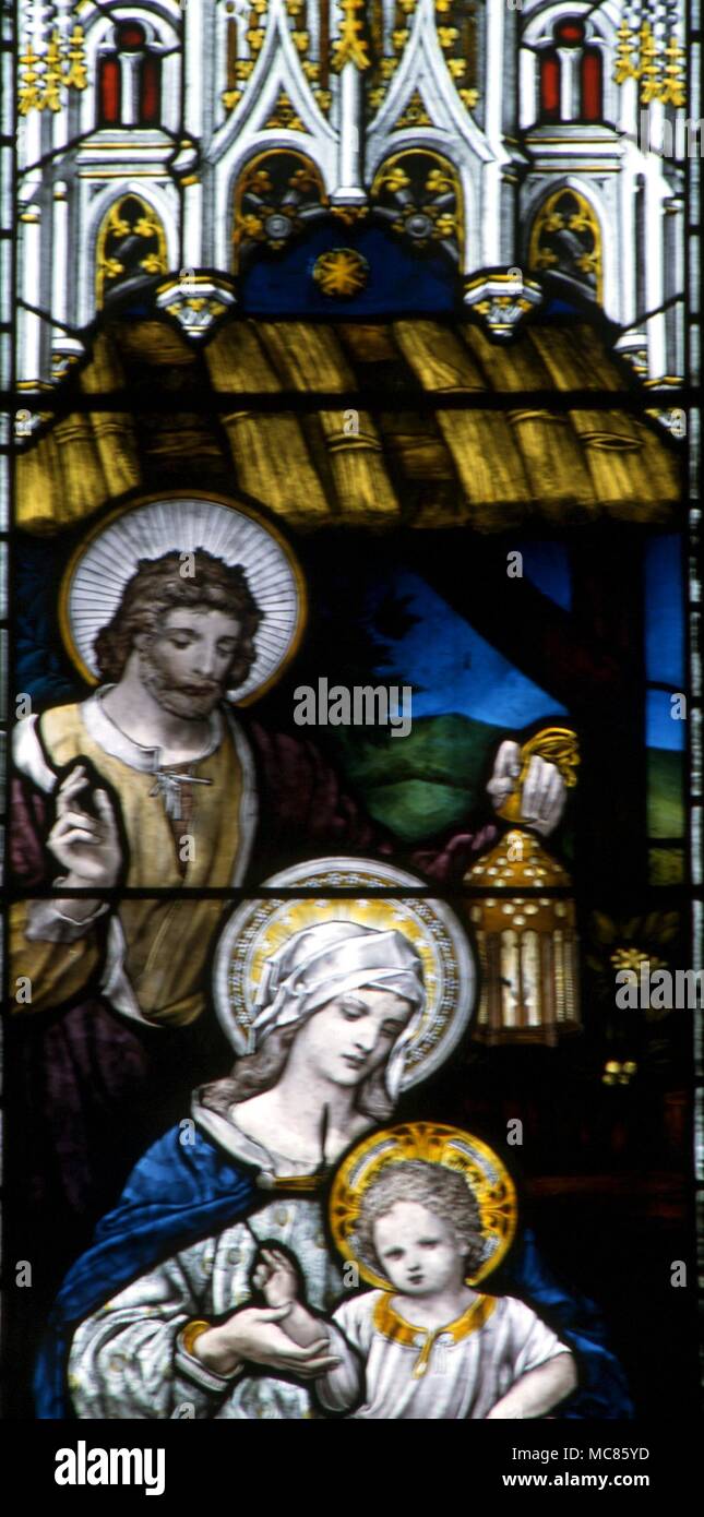 CHRISTIAN Stern von Bethlehem Detail von Maria, Josef und das Kind, mit dem Stern im Himmel, an dem die Heiligen Drei Könige. 19. jahrhundert Glasmalereien in der Kirche St. Mary, Godstone Stockfoto
