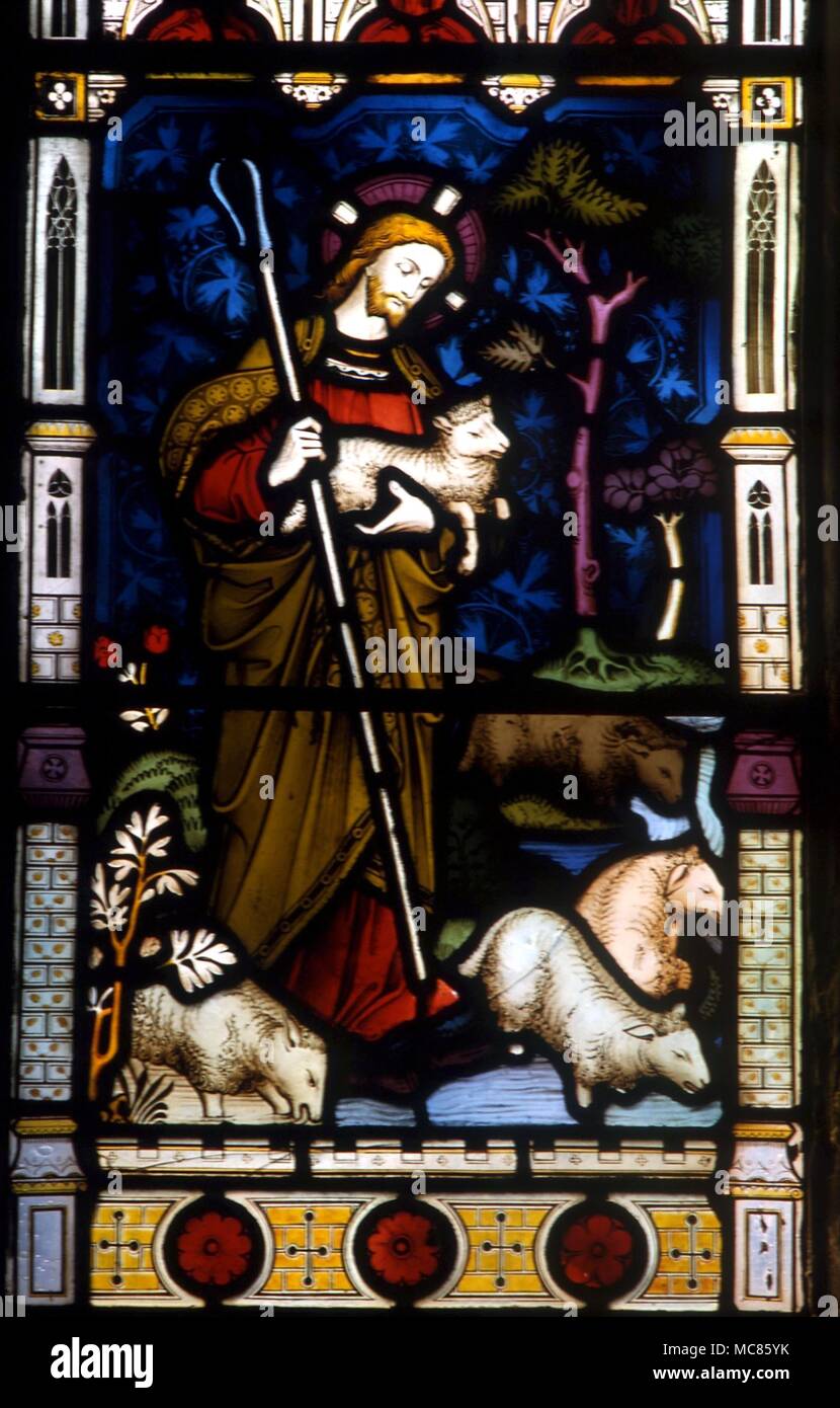 Christliche Jesus mit Schaf "Der Herr ist mein Hirte". Glasfenster in der Pfarrkirche St. Mary's, Godstone, Surrey Stockfoto